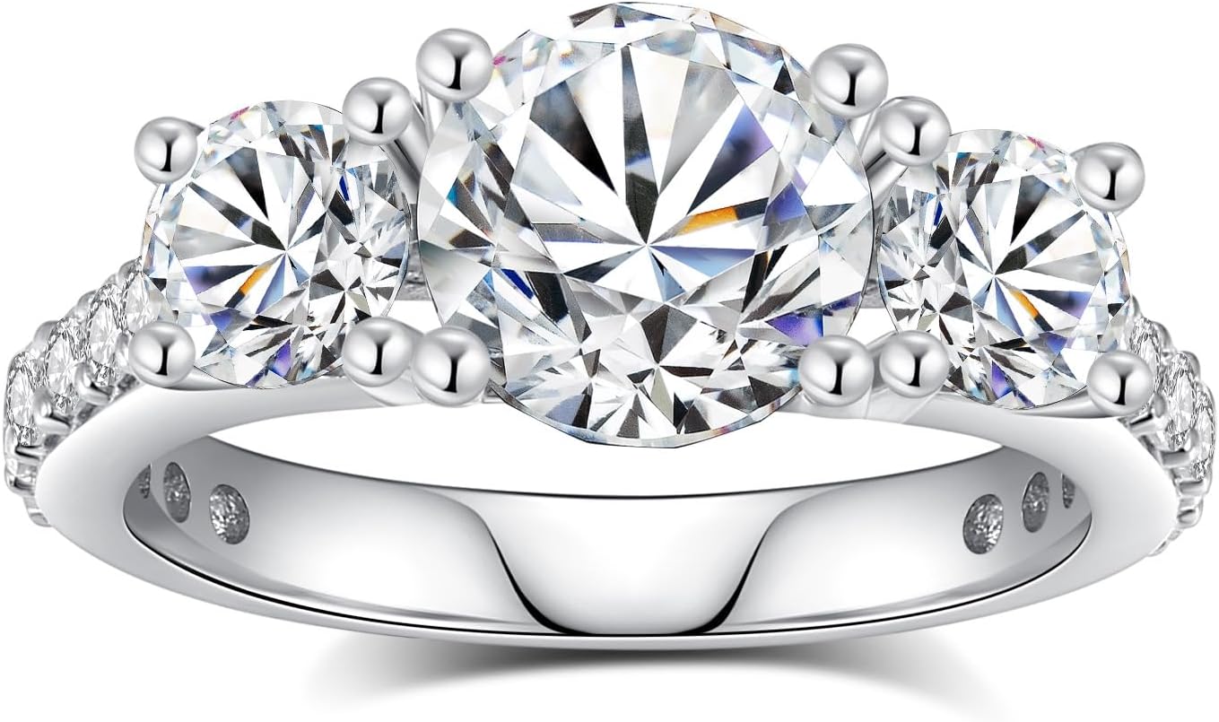 Moissanite Rings for Women 3 Stone Engagement Promise Rings S925 Sterling Silver 18K White Gold Plated Rings for Wedding Anniversary