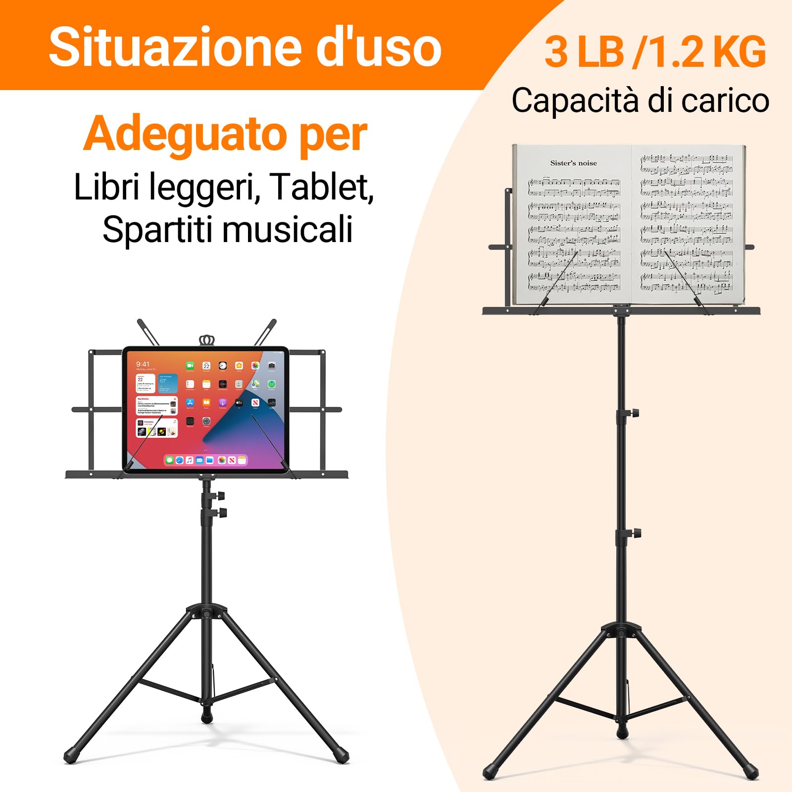 IRONTREE Leggio Musicale - Supporto per Libri a Doppio Uso 2 in 1, Leggio Piegevole Portatile e Leggero con Clip per Spartiti e Borsa da Trasporto, Adatto per Esecuzioni Strumentali (Nero)