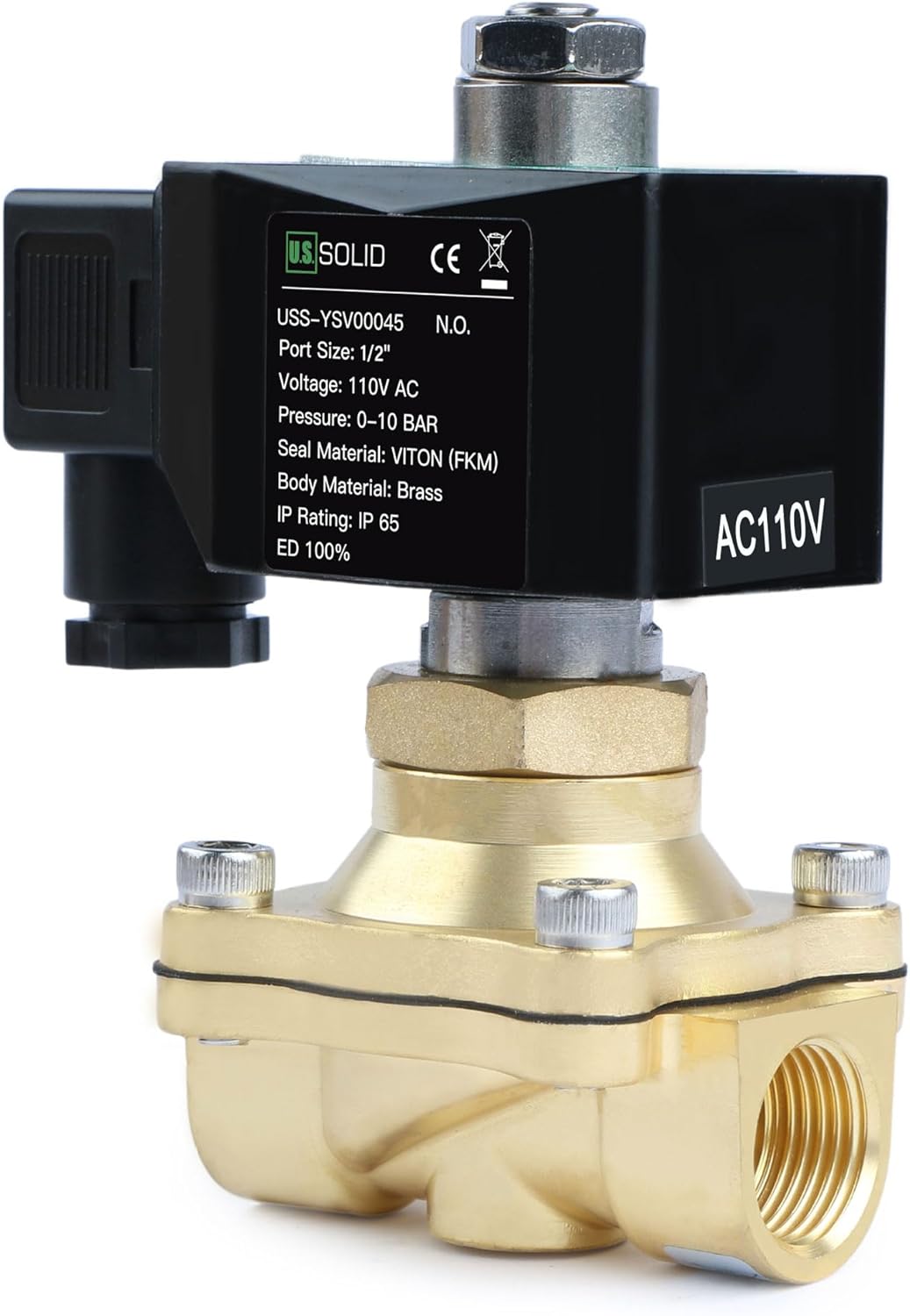 U.S. Solid 1/2" Brass Solenoid Valve -110V 120V AC, Normally Open, 145 PSI Electric Valve for Water, Air, Diesel