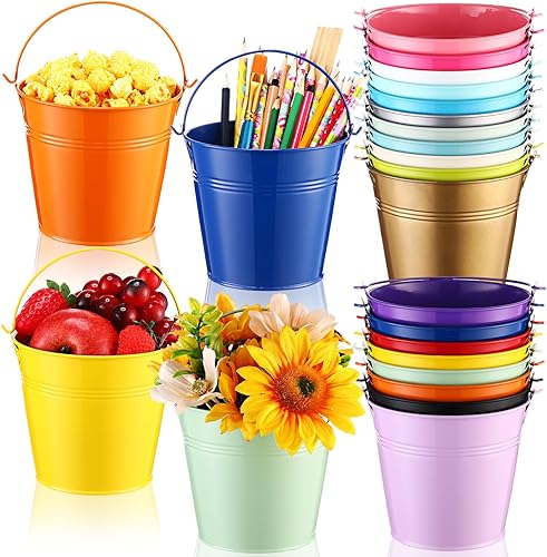 Paquete de 24 cubos de metal de colores con asa, cubos pequeños galvanizados de metal para niños, manualidades, recuerdos de fiesta, centros de