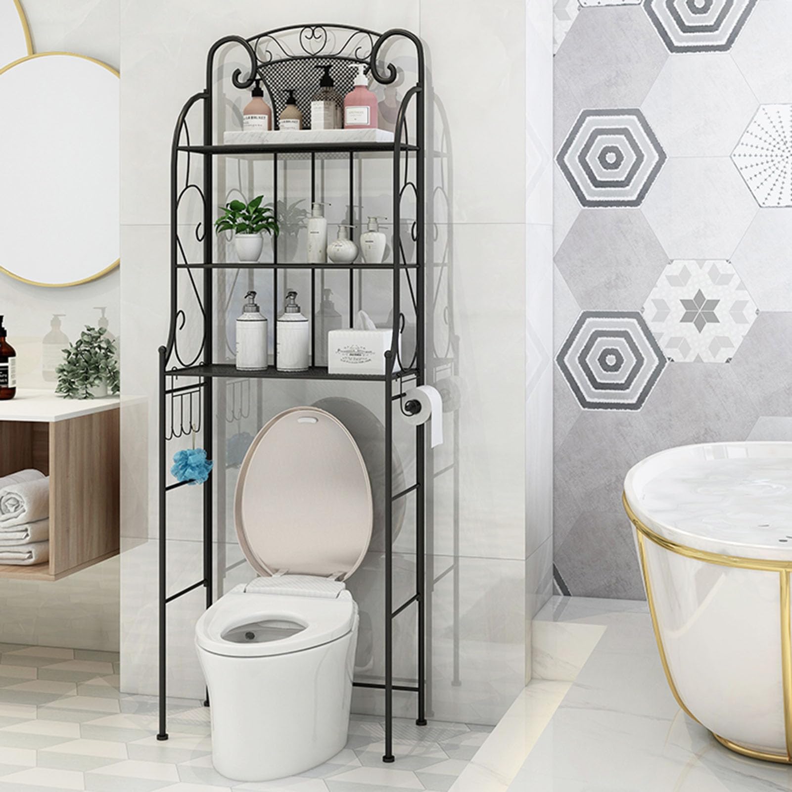 Gain de place pour petite salle de bain avec cette étagère d'angle 3 niveaux