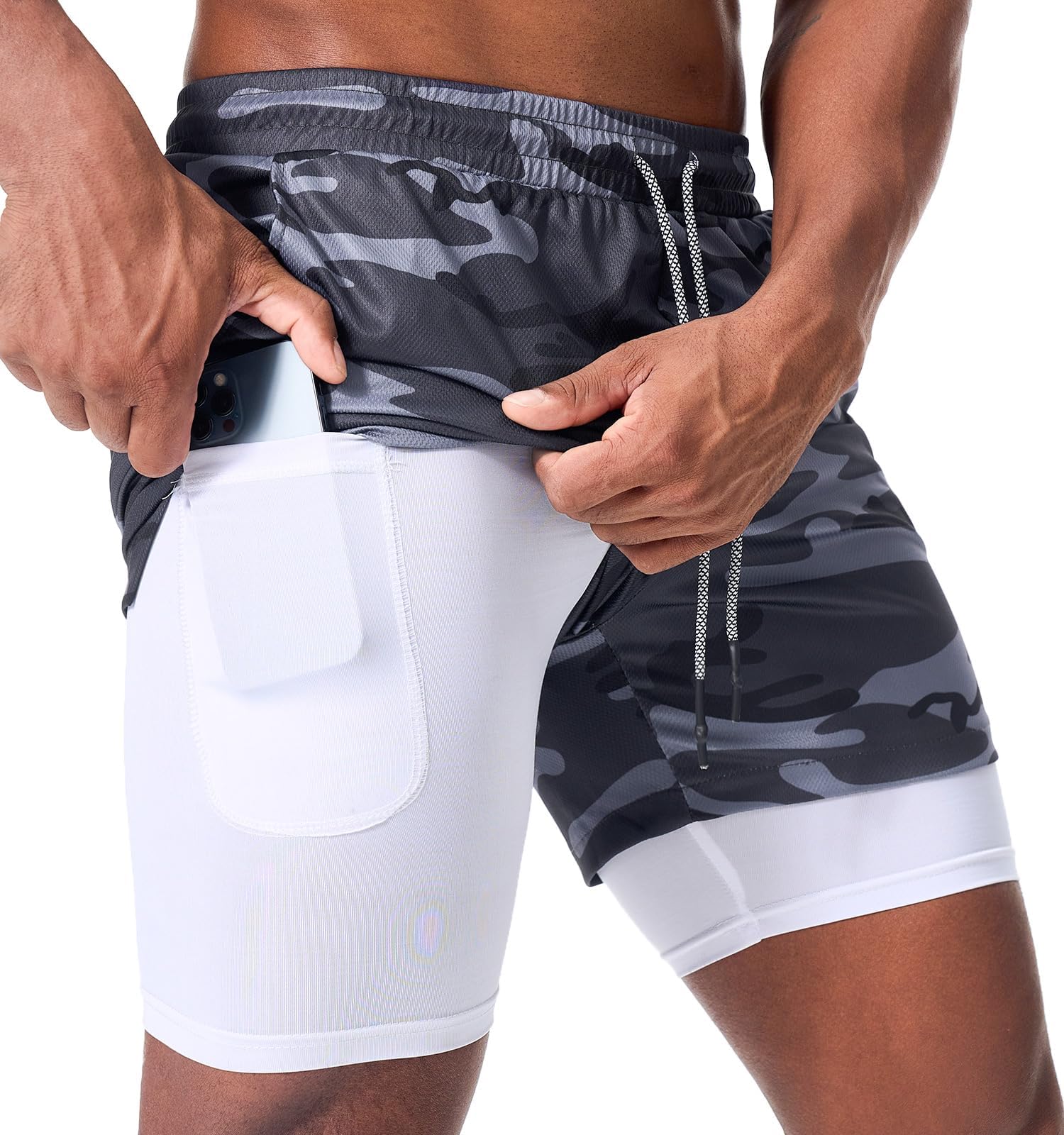 Surenow Men's Running Shorts Quick Dry Workout Gym Shorts Athletic 2-in-1 Stealth Shorts Outdoor Short for Men with Pockets