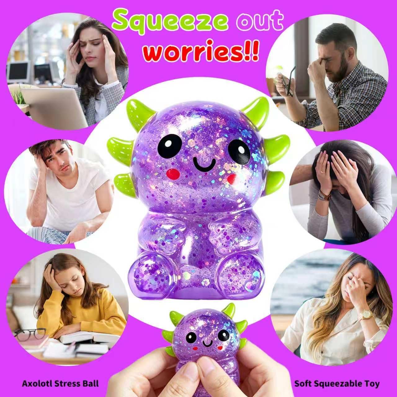 Axolotls Squishies Fidget Stress Ball,Cute Sitting Squishies Axolotls Toy,Stress Ball Squeeze Toys for Stress Relief,Stretchy Squeeze Toys for Birthday Party Gift(Purple)