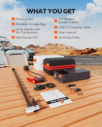 Miniatura 8 de Arrancador de batería de coche con compresor de aire, caja de batería de 44.4 Wh con inflador de neumáticos, refuerzo de salto de coche con cables