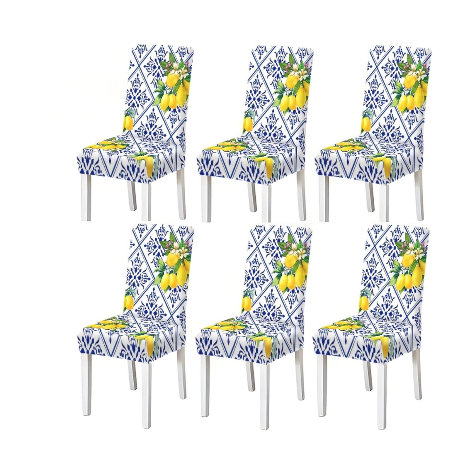 Blue White Lemon Chair Covers Set Of 2/4/6, Mediterranean Stretch Dining Chair Slipcovers Removable Stretch Slipcovers for Dining Chairs(6PCSChair cover)