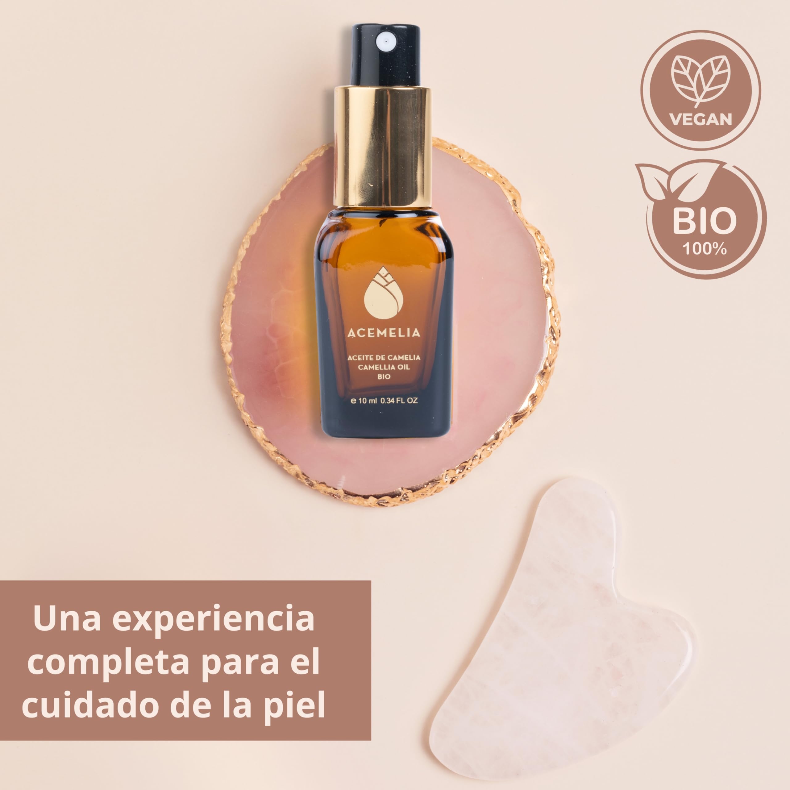 Pack Gua Sha Cuarzo Rosa + Aceite Camelia Bio 100% Natural 10ml - Hidratante y Nutritivo - Propiedades Antioxidantes y Rejuvenecedoras - Aceite seco Absorción inmediata - Extraído en frío en Galicia