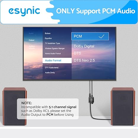 eSynic Portable Optical to RCA Adapter-Volume Control-Built in Voice Amplifier Chilp- 192kHz DAC Converter with 7ft Cable-Plug & Play- for Gaming Console/Blu-Ray/DVD/HDTV to R/L Stereo Audio System