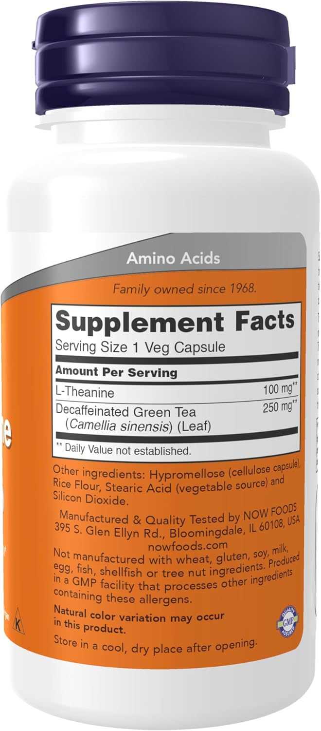 NOW Foods Supplements, L-Theanine 100 mg with Decaf Green Tea, Stress Management*, 90 Veg Capsules,(Pack of 2)