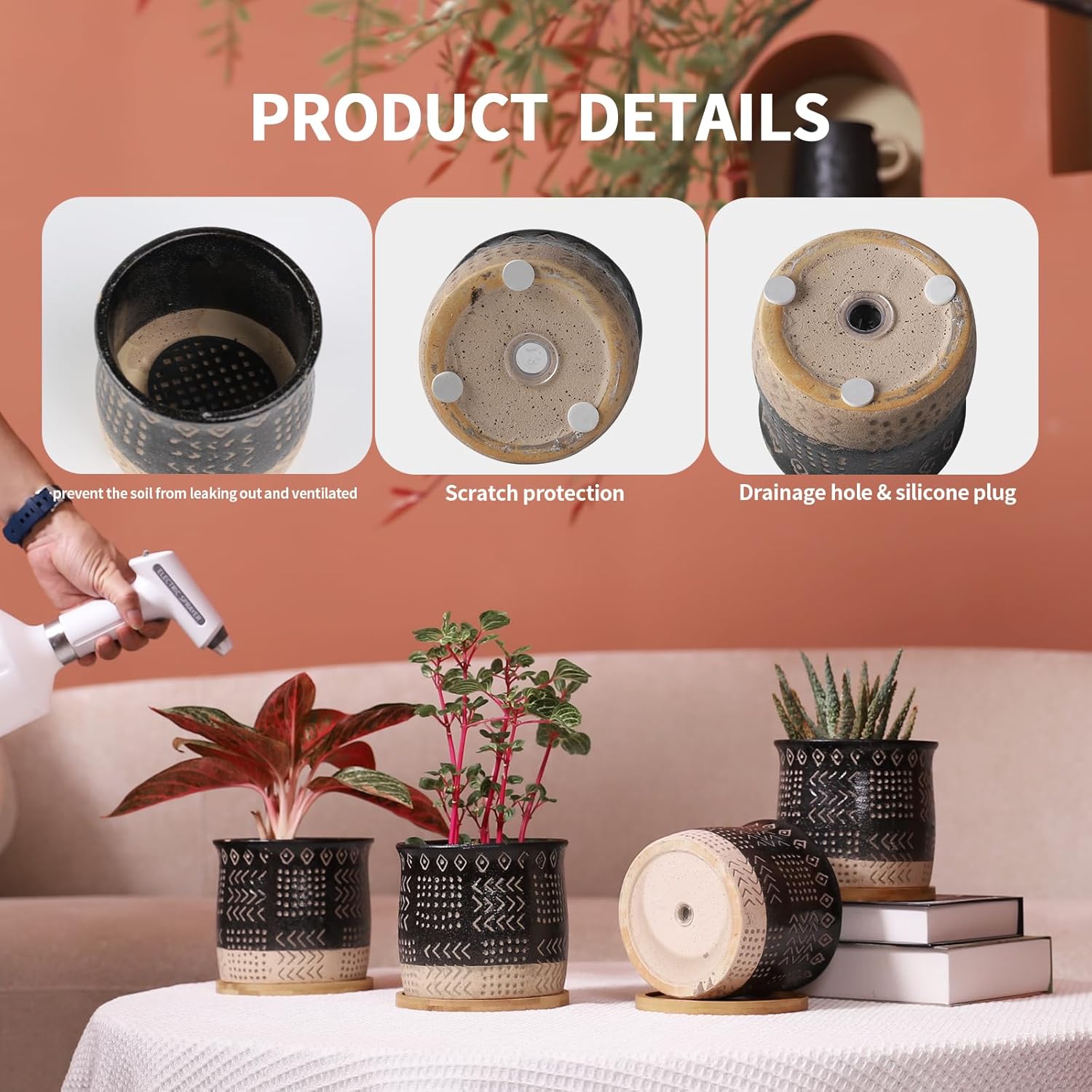 5.5 Inch Ceramic Plant Pots with Drainage Holes and Trays, Creative Retro Totem Planter Pot with Bamboo Saucers for Indoor Flowers, Succulent, Snake Plants, Cactus & Herbs, Black, Set of 4