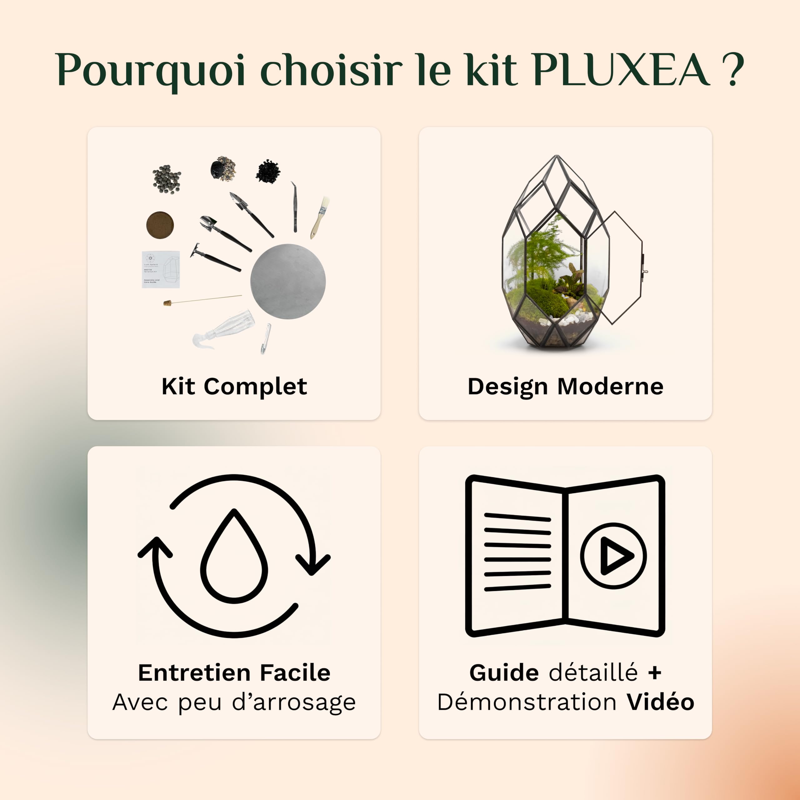 PLUXEA - Kit de Terrarium Complet DIY pour Plantes avec Substrat et 10 Outils Inclus - Structure en Verre Design Géométrique - Écosystème Autonome, Coffret Créatif (sans Plantes)