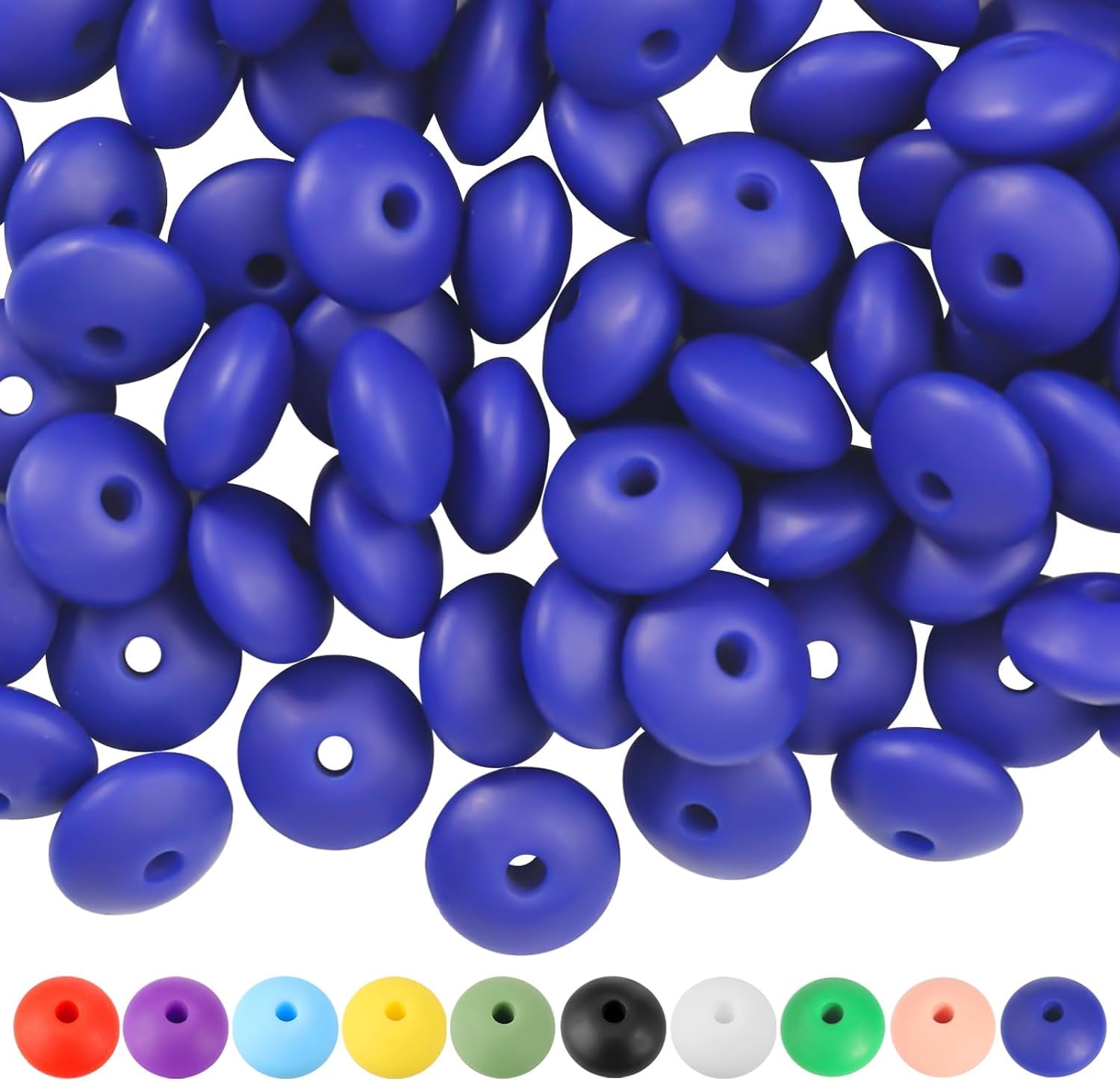 100pcs Silicone Lentil Beads，12mm Rubber Silicone Focal Beads Bulk Loose Beads for Keychain Bracelet Necklace Crafts Making (Nave Blue)