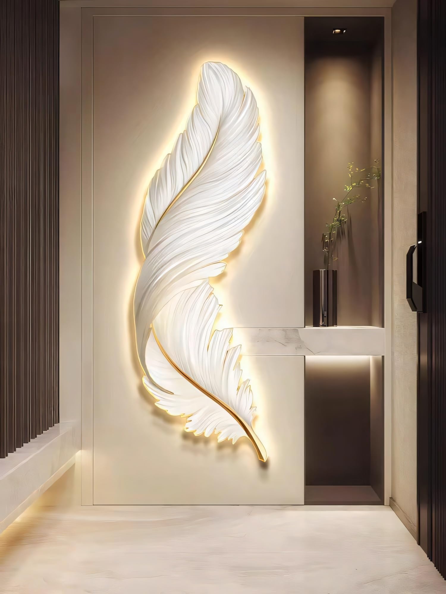 Decoración de pared de plumas grandes, escultura artística de pared 3D, decoración colgante de pared para sala de estar, oficina, decoración de pared para dormitorio(Orange1,30*80cm-without l