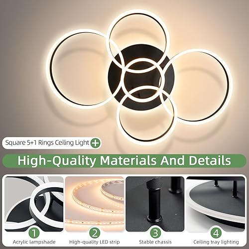 Miniatura 3 de Lámpara de Techo Moderna, 39.4'' Regulable 145W LED Negra Empotrada Luces de Techo con Control Remoto 5+1 Anillos Accesorio de Lámpara de Techo