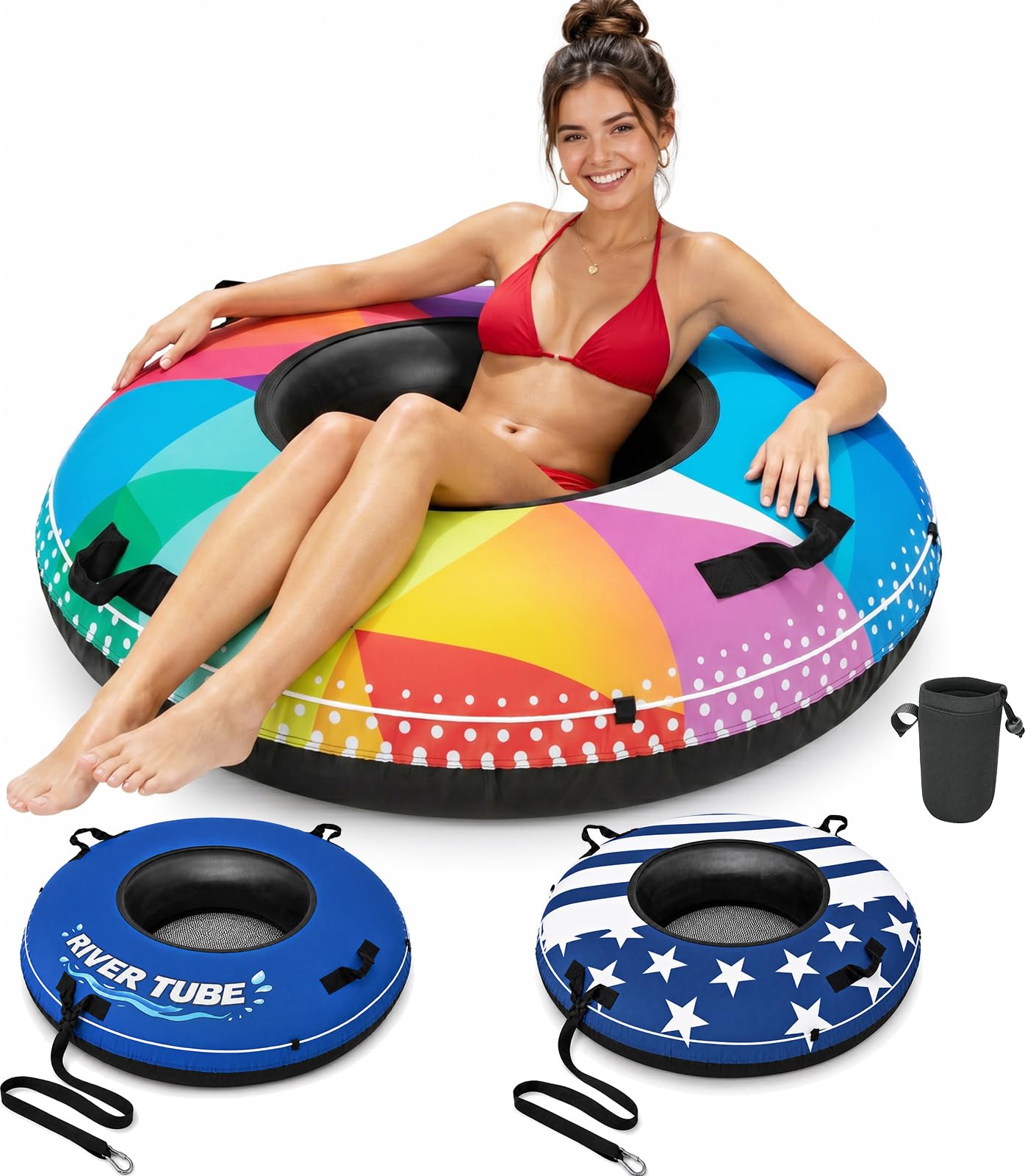 Photo 1 of ZEALFEEL River Tube, 48'' Heavy Duty Rubber River Float Tube with Commercial Grade Inner Tube, Premium Canvas Cover, Removable Cup Holder & Tow Strap, Inflatable Tube for Adults Lake Pool Floating