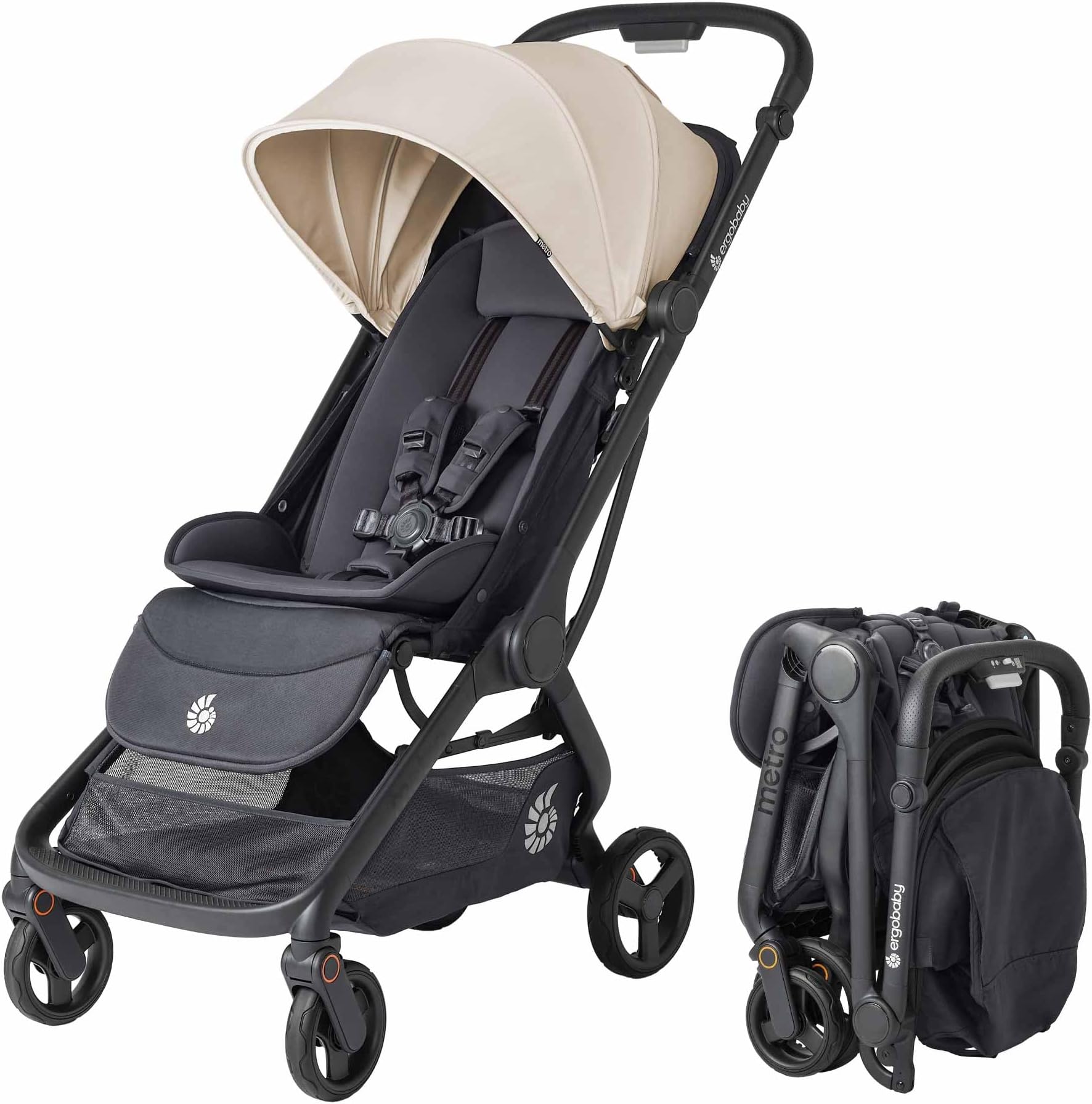Ergobaby Metro 3 All in One Compact Baby Stroller, Lightweight Travel Stroller, Easy One-Hand Fold for Overhead Airplane Storage (Carries up to 50 lbs), Car Seat Compatible, Natural Beige