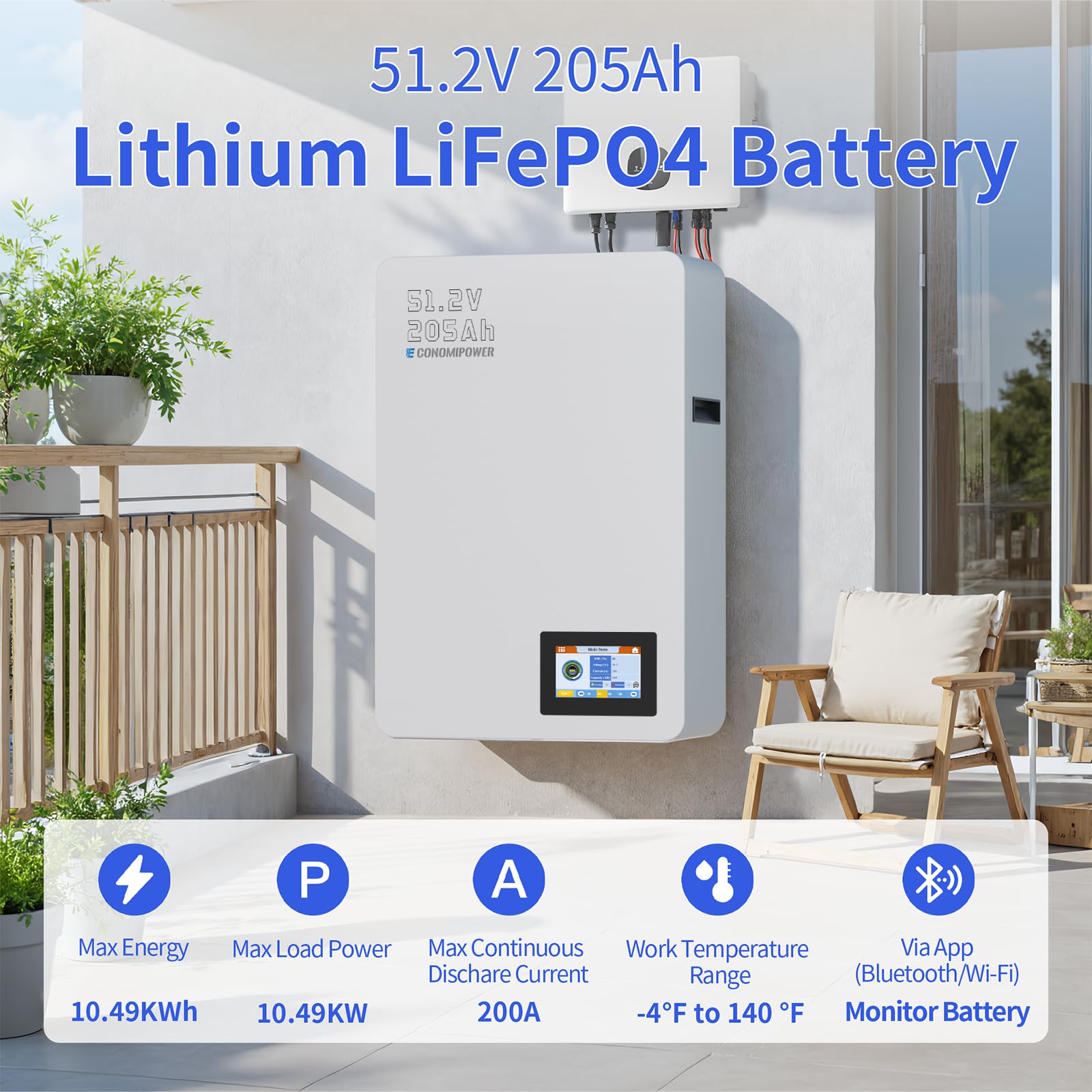 Batteria Lifepo4 da 51,2 V 200 Ah, montaggio a parete, batteria al litio ricaricabile a energia solare da 10 KWh, oltre 6000 cicli 48 V con 100 A BMS per sistema fotovoltaico, uso
