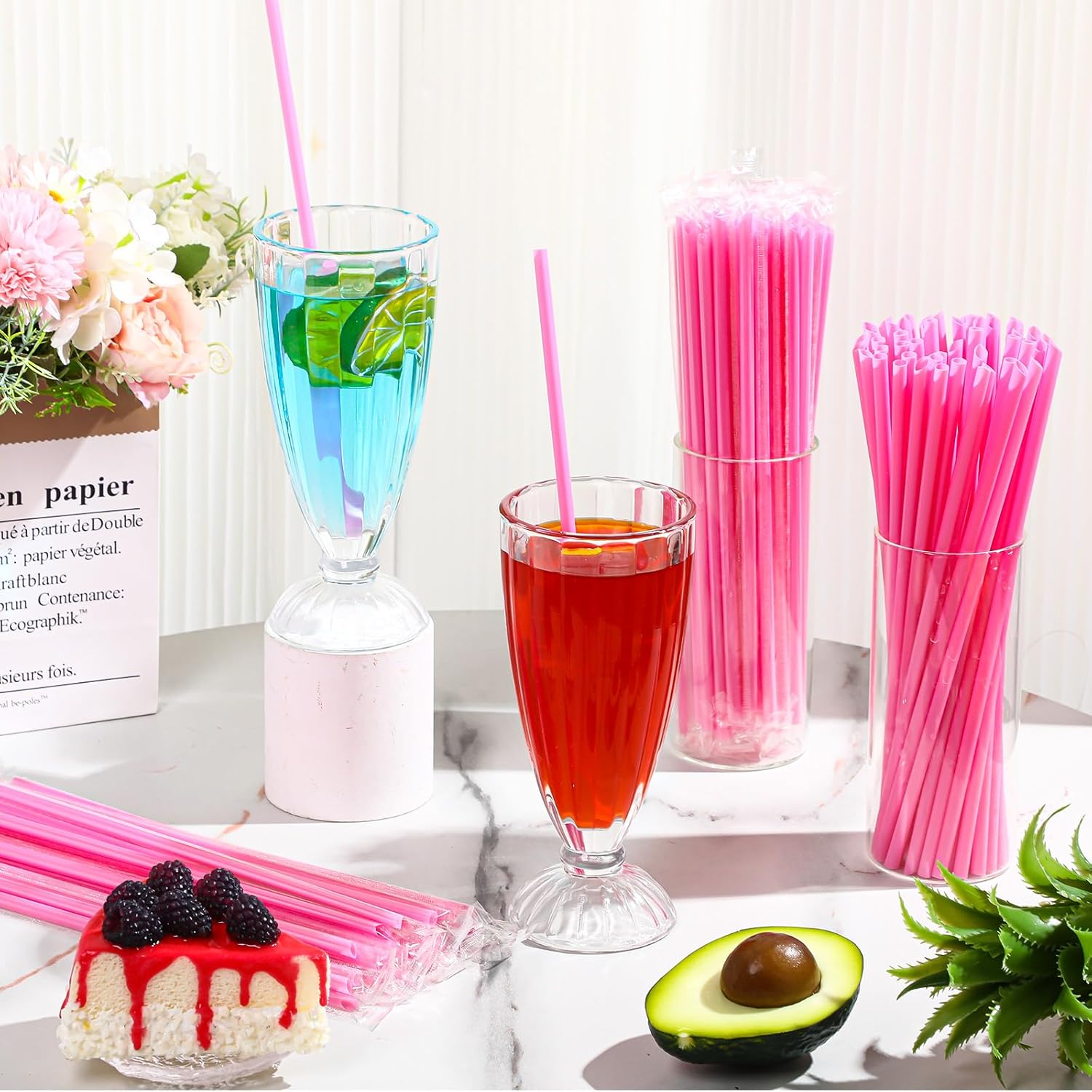 Gerrii 500 Pcs Pink Individually Wrapped Straws Extra Long 6 mm Plastic Drinking Straws Disposable for Party Restaurant Home Milkshakes Coffee Juice Beverage Smoothie (10”)