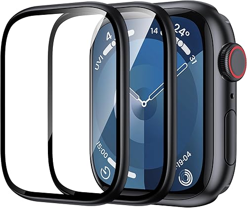 WSKEN Protector de pantalla para Apple Watch de 1.772 pulgadas Series 9, 8, 7, marco de aleación de titanio + vidrio templado 9H, mantiene el