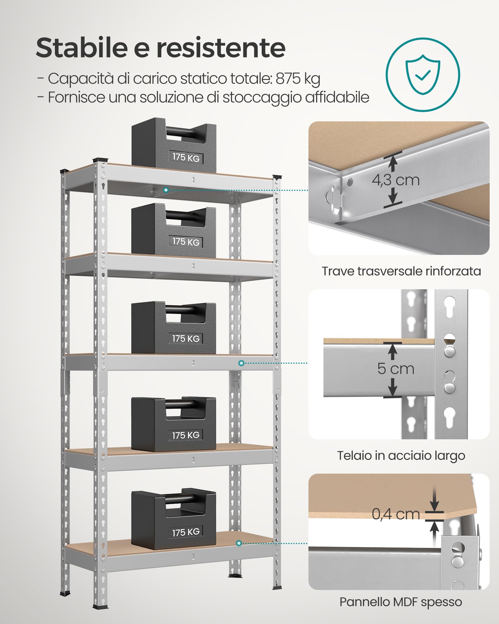 SONGMICS Scaffalatura a 5 Ripiani, Scaffale Portaoggetti, Montaggio Senza Bulloni, Ripiani Regolabili, 30 x 75 x 150 cm, Portante 875 kg, per Garage Magazzino Cantina, Argento GLR300E01