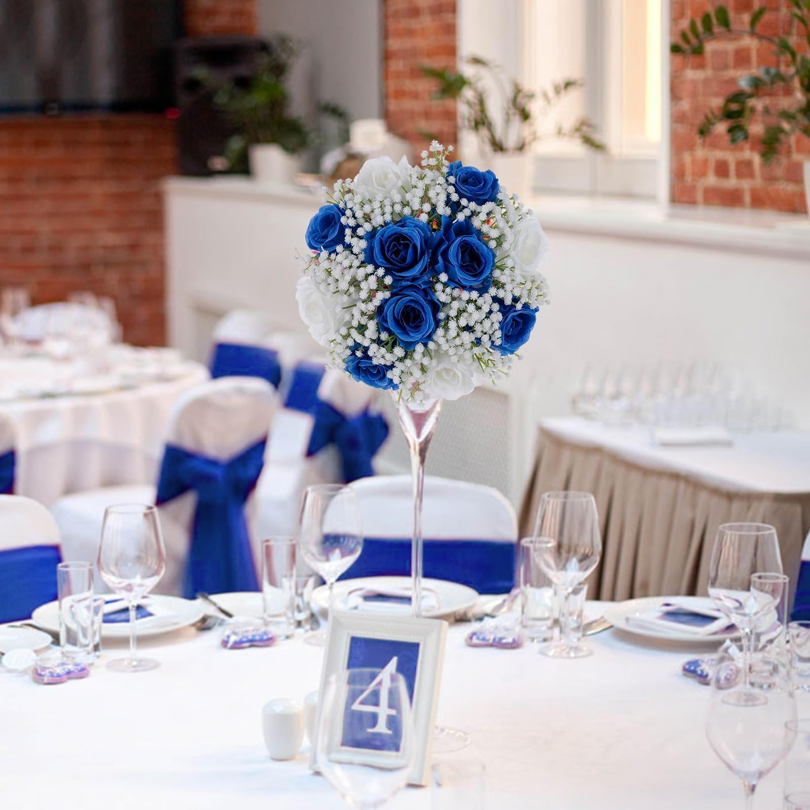 BLOSMON Rose Boule Fleur Artificielle Table 2 Pièces Bleu Roses Fleurs Gypsophiles Bouquet Artificielles pour Decoration Mariage Chemin de Table Fausse Flowers pour Deco Maison Salon Anniversaire