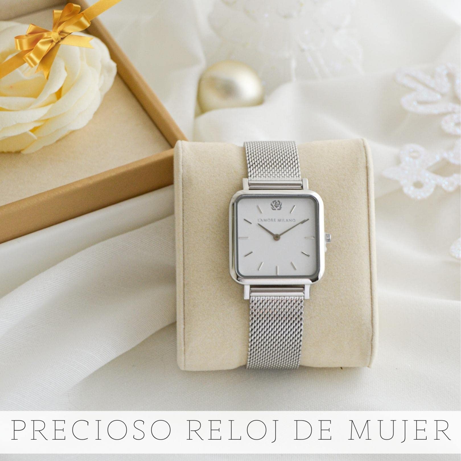 L'AMORE MILANO - Reloj Mujer Regalos Originales para Mujer - 28mm Relojes Mujer Cuadrado para Novias, Madres Oro, Rosa y Plata
