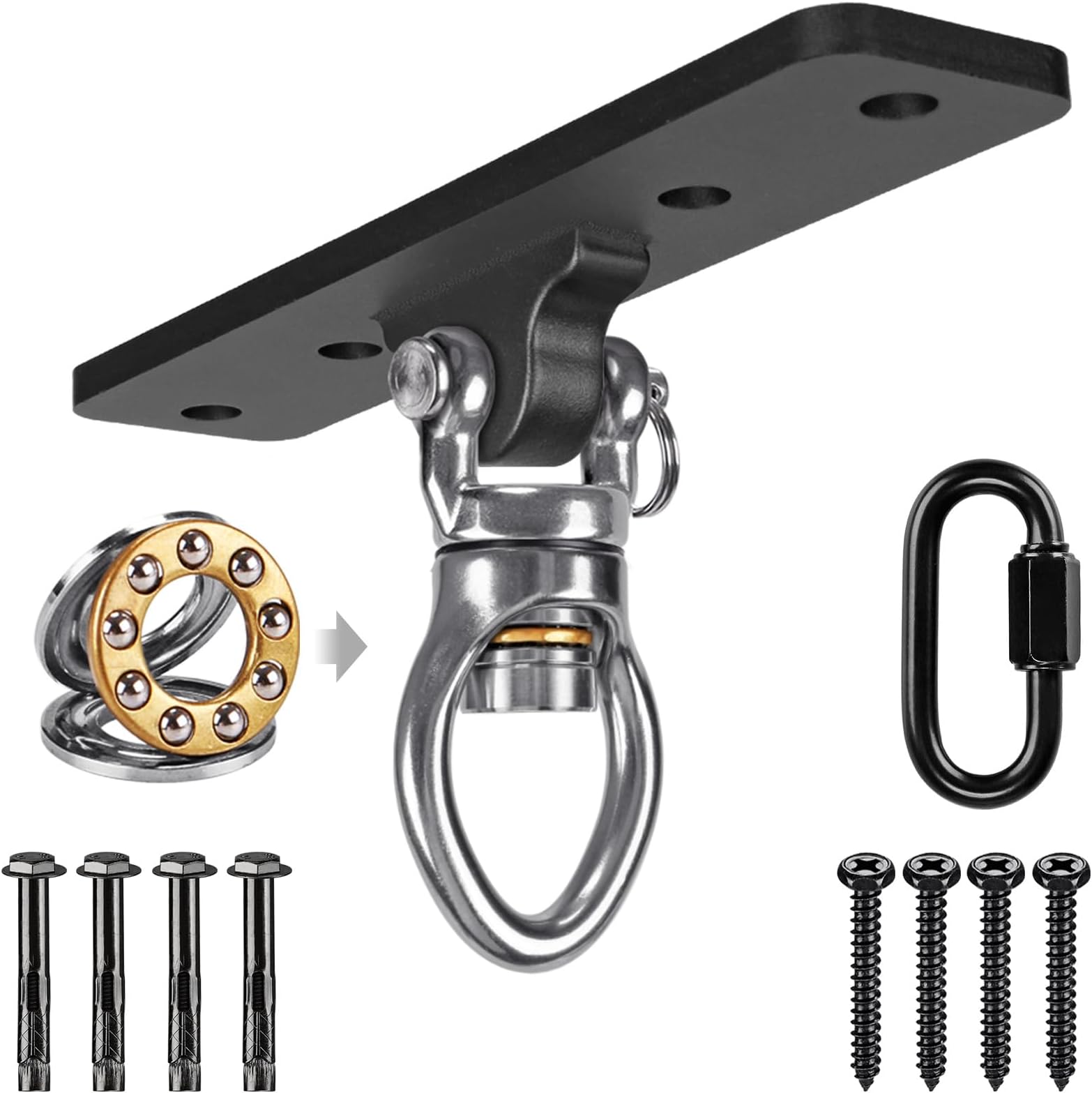 BeneLabel Swing Hanger Bearing, 4 Hole Hammock Ceiling Hook 360 Swivel Punching Bag Wall Beam Bracket with Carabiner for Yoga Rope/Aerial Hoop Wood/Concrete Suspension Mounting Kit, 900lbs/Gourd