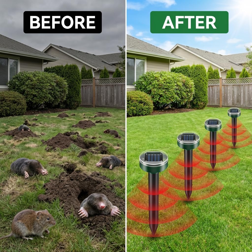 Ultrasonic Solar Mole Repellent - Gopher, Vole & Rodent Repellent for Yard & Garden - Sonic Burrowing Pest Control, Snake & Groundhog Repellent, Pet Friendly, Outdoor Waterproof – 10 Pack, Round