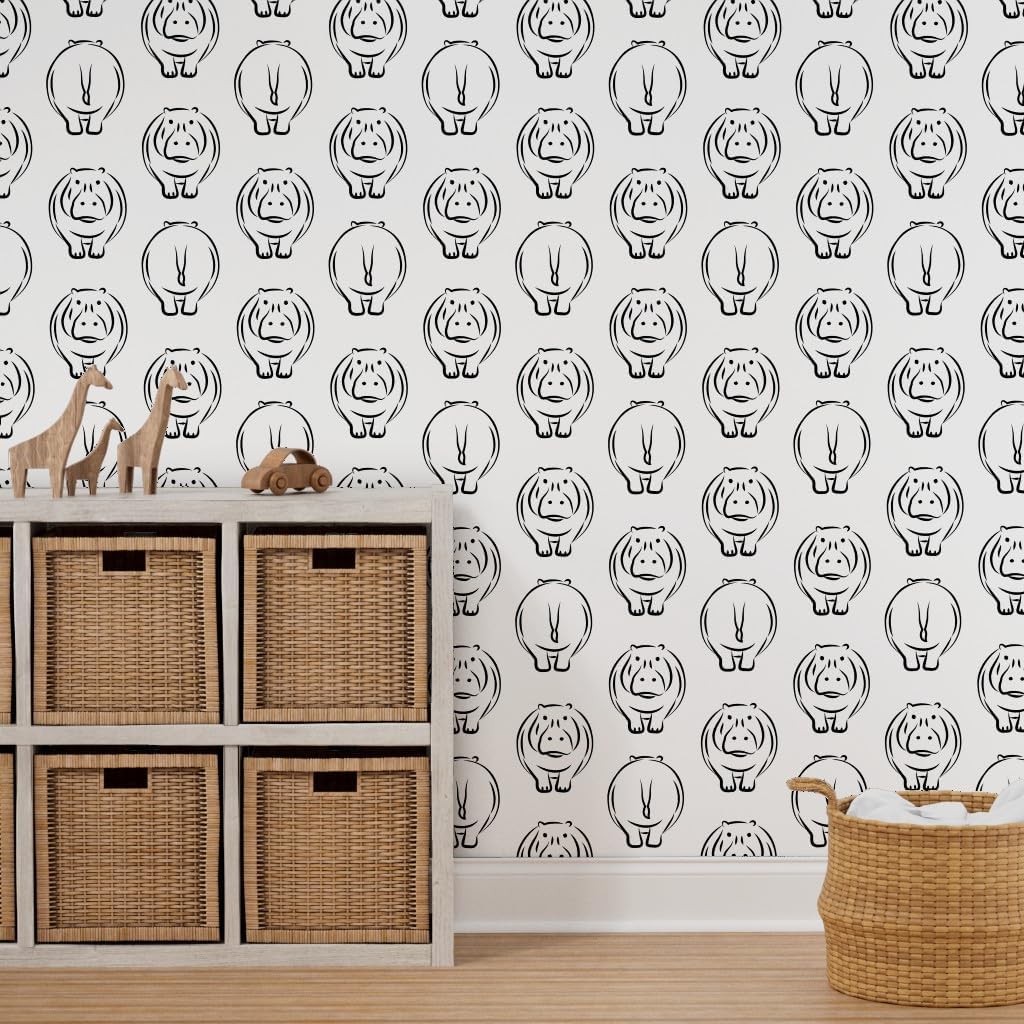 Removable Wallpaper 3ft x 2ft - Monochrome Zoo Safari Black White Baby Animals African Hippo Butts Custom Pre-Pasted Wallpaper by Spoonflower