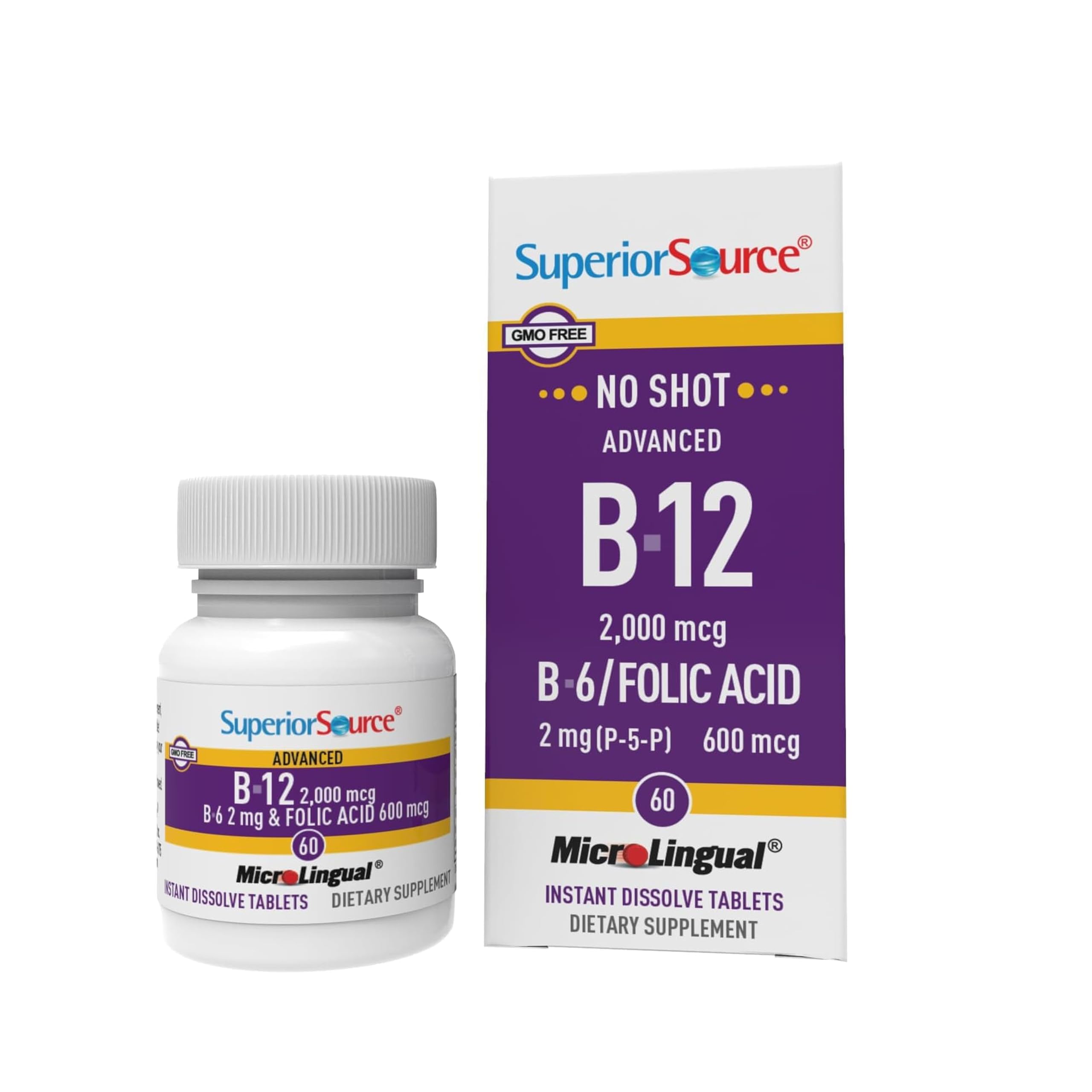 Superior Source NO Shot Advanced B-12 2,000 mcg B-6 / Folic Acid 600 mcg - Folic Acid for Women & Men - B Vitamins Supplement Supports Energy & Cell Health - 60 Sublingual Dissolving Tablets