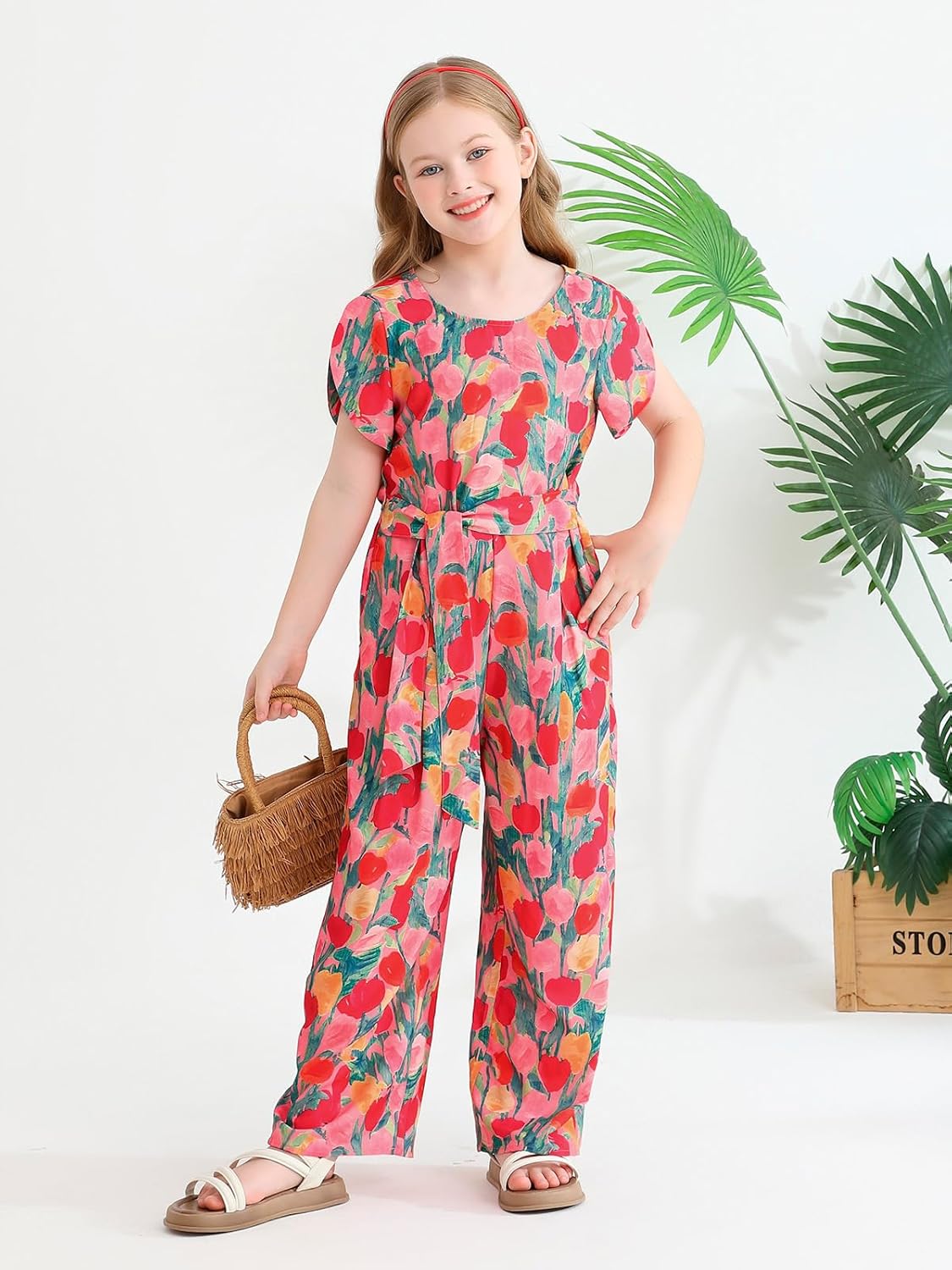 Haloumoning Girls Floral Jumpsuit Kids Fashion Short Sleeve Belted Wide Leg Romper One Piece Outfits with Pockets - Image 5
