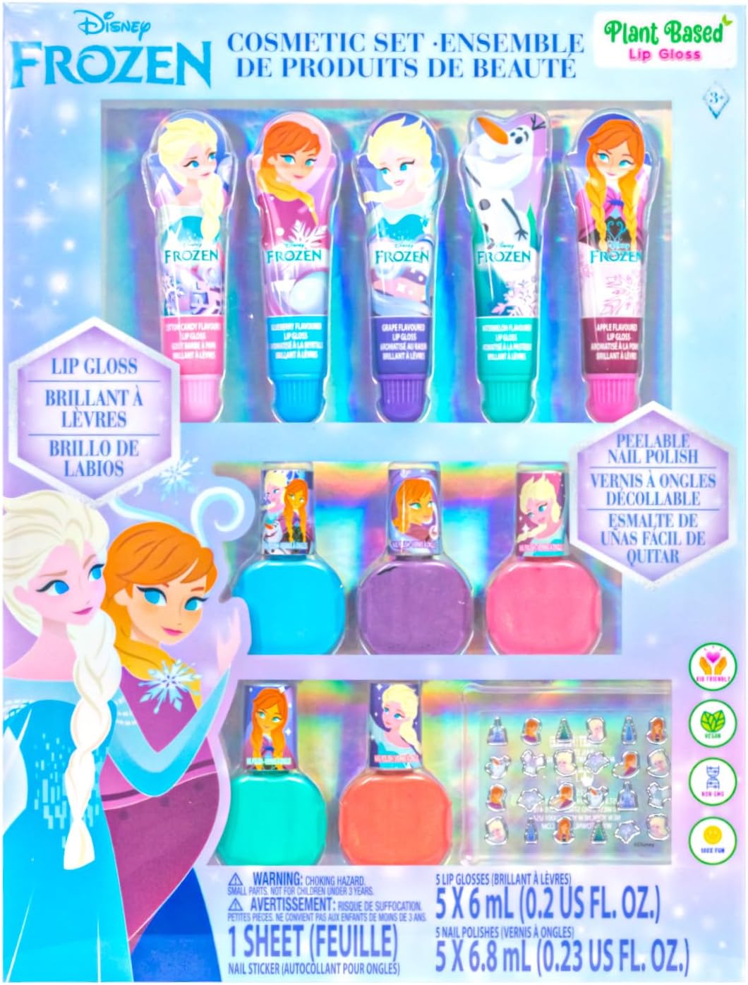 Townley Girl Disney Themed Super Sparkly Cosmetic Set with Lip Gloss, Nail Polish and Nail Stickers (Frozen)