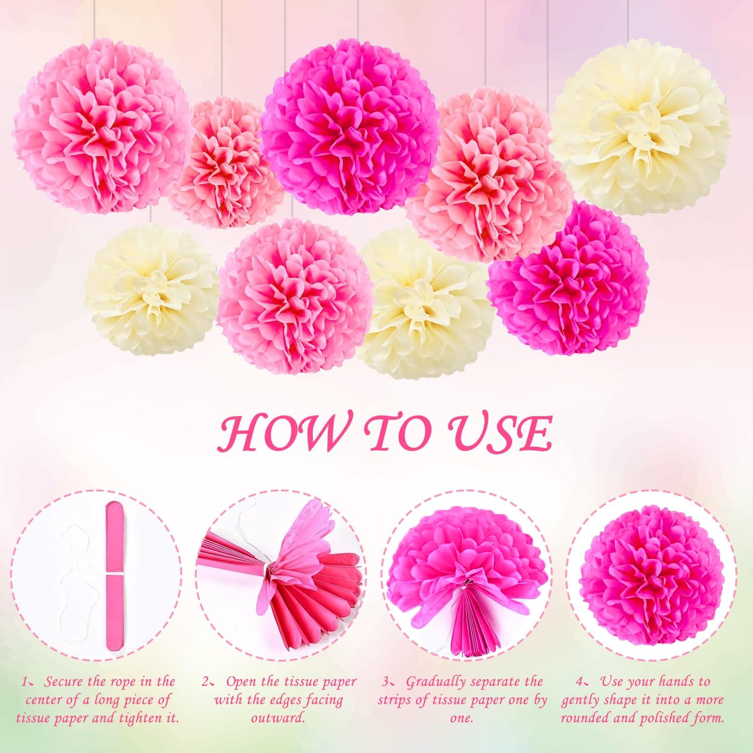 20 Pcs Pink Party Decorations Pink Tissue Paper Pom Poms Flower Handmade Pink Pom Pom Decorations for Weddings, Baby Showers, Birthdays, Fall Celebrations, Garden Parties, Christmas
