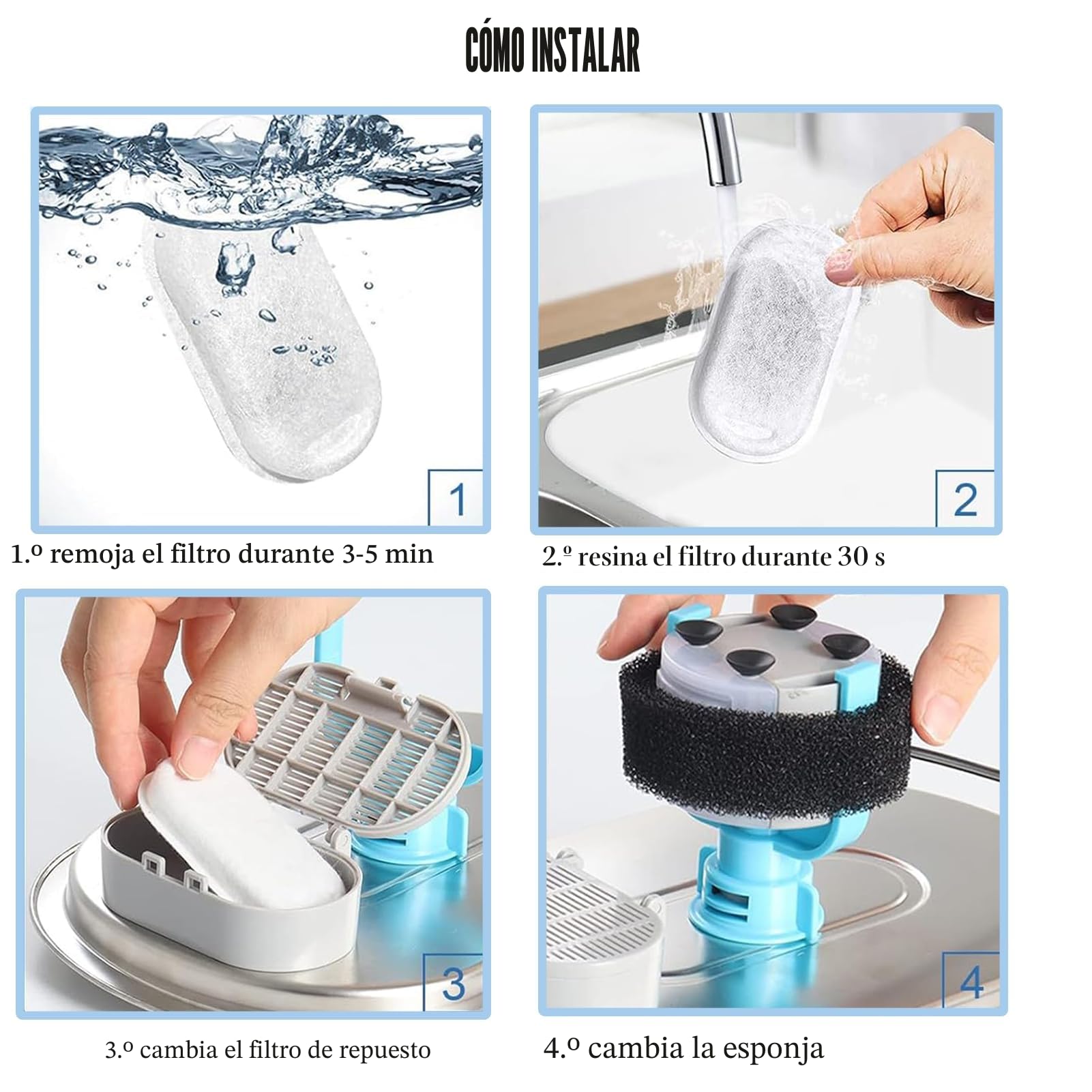 16 Filtros de Fuente de Agua para Gatos, Paquete de 8 Filtros de Fuente para Gatos de Repuesto con 8 Esponjas, para Dispensador de Agua de Acero Inoxidable para Mascotas de 2L/3.2L
