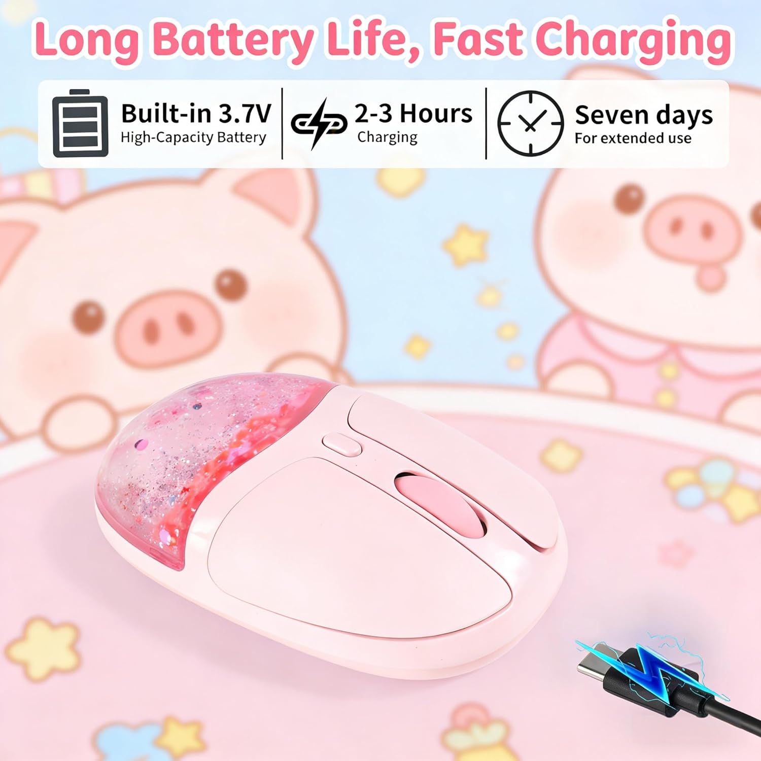 Wireless Mouse Dual-Mode Bluetooth 2.4GHz Cute Cartoon Quicksand Water LED Light Silent Suitable for Children and Adults Portable and Lightweight Compatible with iOS/Android/Windows (Pink)