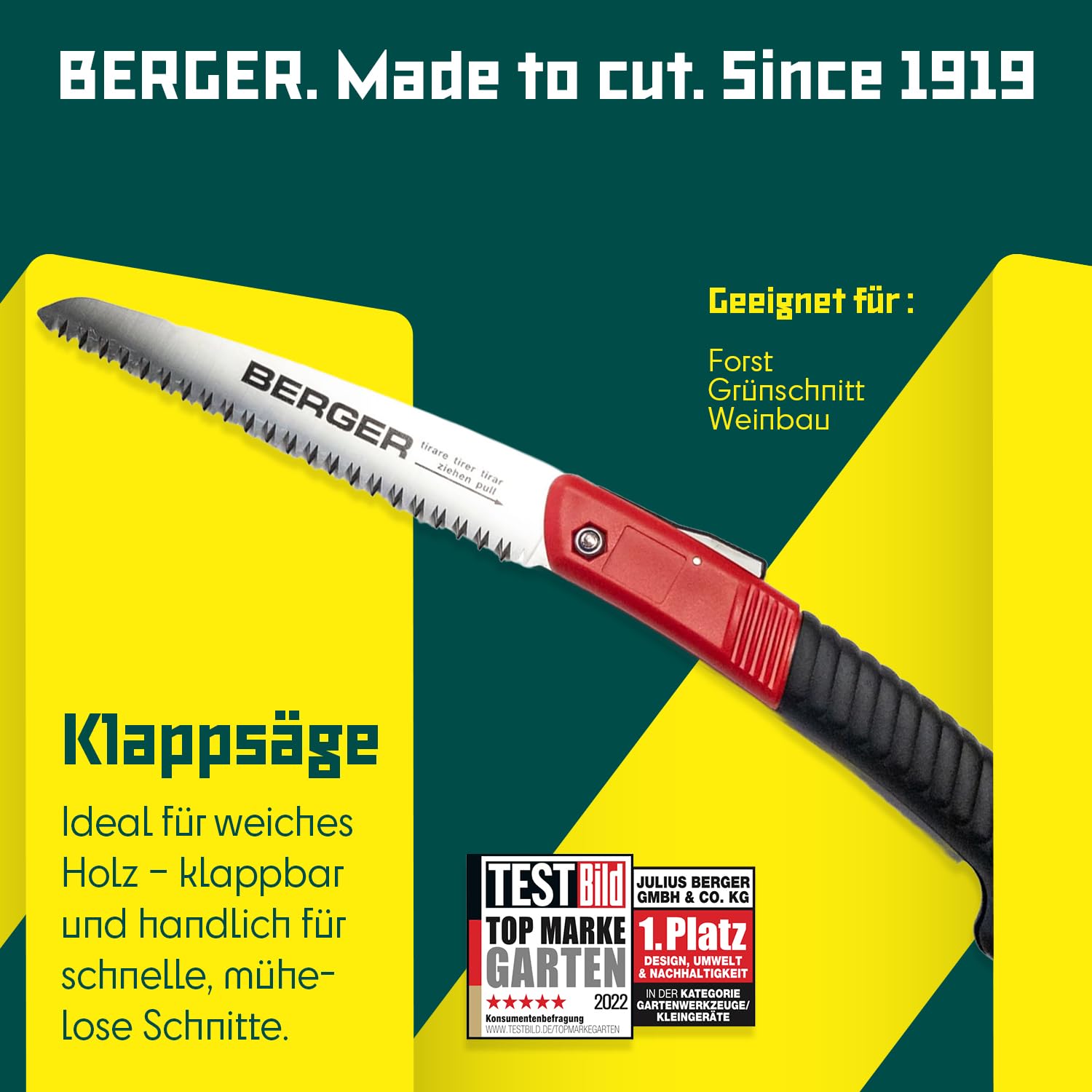 BERGER Klappsäge 64650 | 180 mm Handsäge Holz | Kleine Astsäge klappbar | Holzsäge mit grober Zahnung, Hochleistungssägeblatt & Sicherungsverriegelung | Baumsäge für Garten & Forst