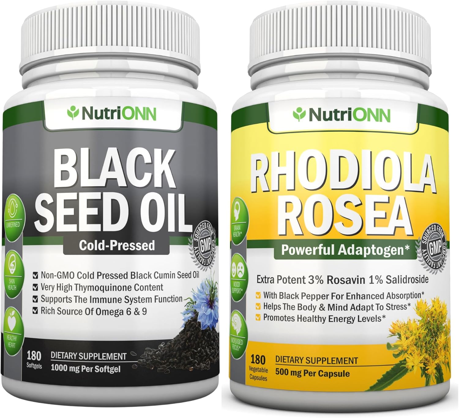 NutriONN Black Seed Oil Softgels & Rhodiola Rosea Capsules - Targeted Vitality and Immunity Boost