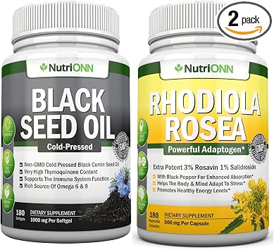 NutriONN Black Seed Oil Softgels & Rhodiola Rosea Capsules - Targeted Vitality and Immunity Boost