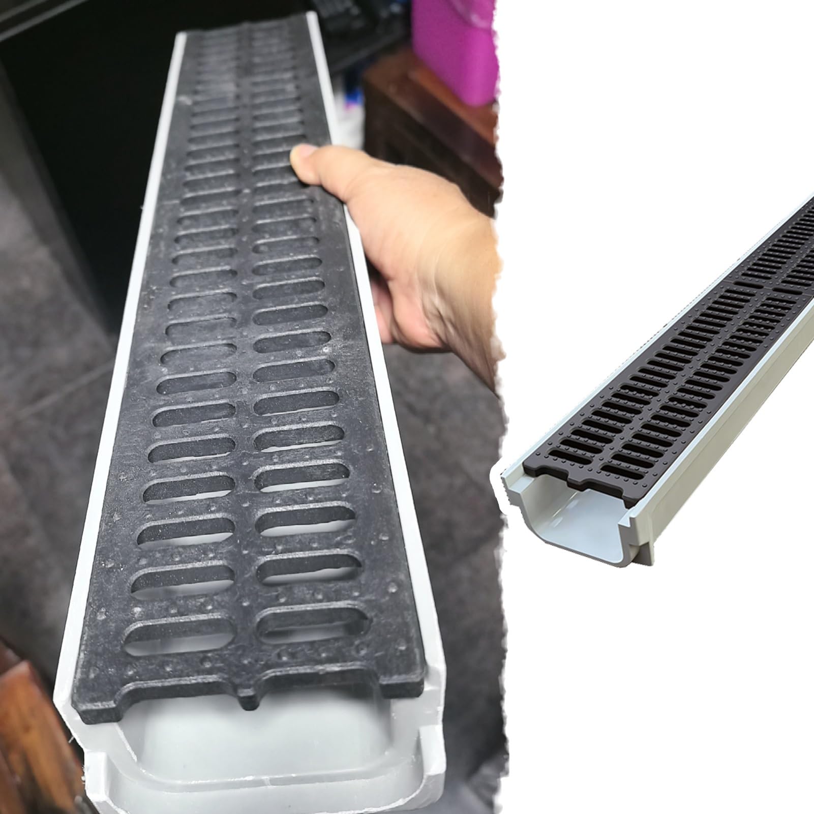 GLDYTVF Slim Plastic Resin Drainage Channels & Grating Kit - Shallow Garden Driveway French Drain, Floor Strainer Gutter for Effective Water Management
