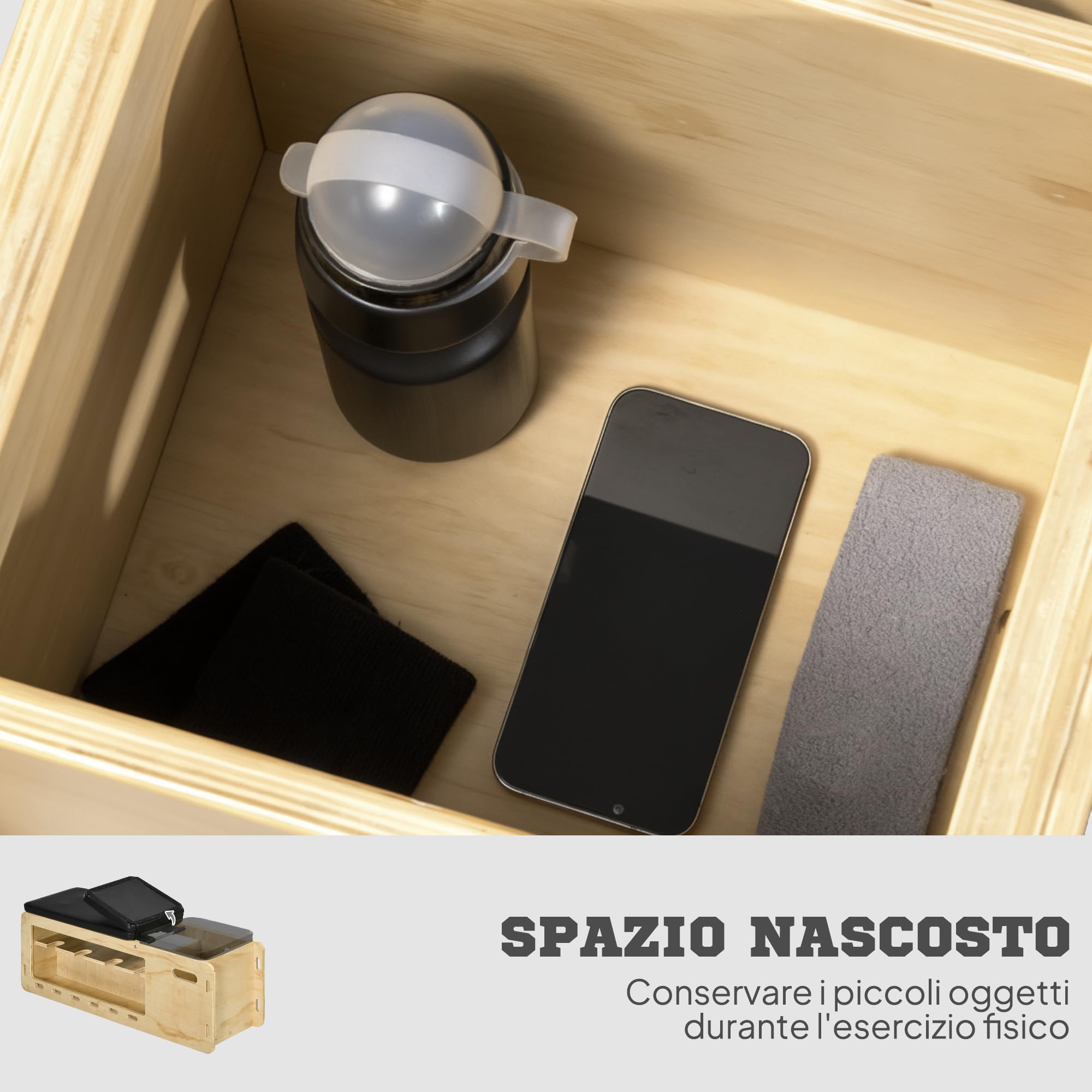 HOMCOM Panca Palestra con Schienale Regolabile a 6 Livelli, Panca Addominali Multifunzione Inclinabile, con Vano Contenitore e Rack per Pesi, Bande di Resistenza, per Allenamento Casa, Color Legno