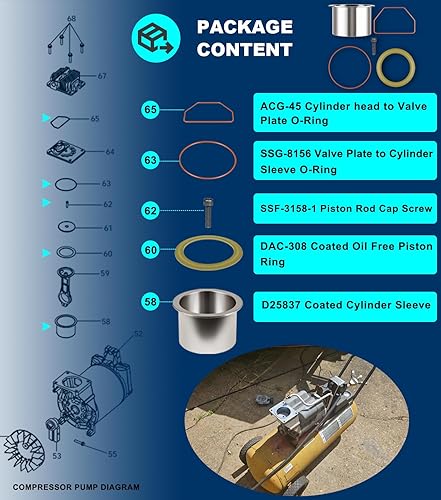 Miniatura 4 de K-0650 Kit de manguito de cilindro para compresor de aire y anillo de compresión, kits de servicio de compresor de aire de cable compatibles con