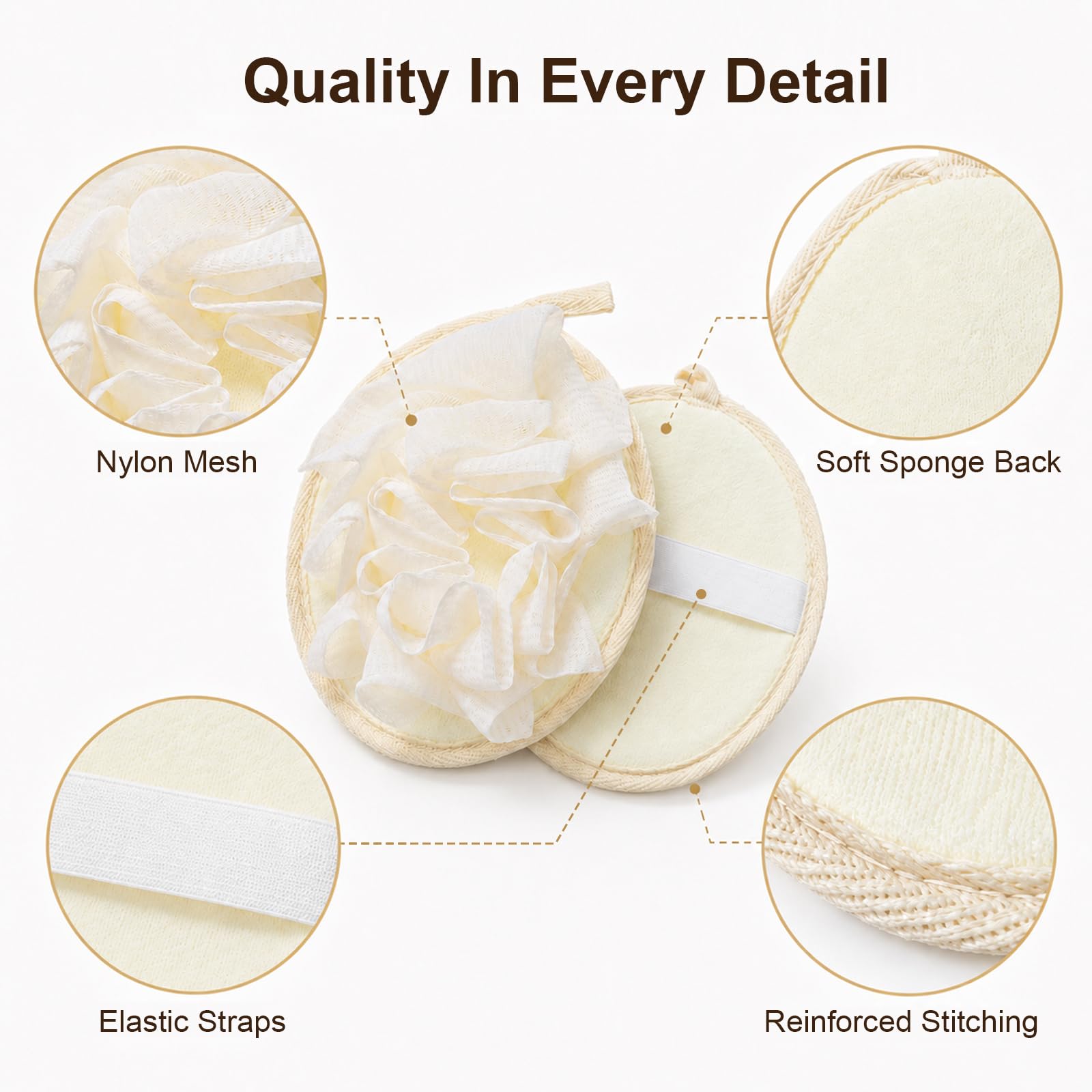 3 Pezzi Spugna Luffa Set Doppia Funzione Sacchetto Sapone con Cordino Morbido Guanto Esfoliante Corpo per Bagno e Doccia Resistente Spugna Doccia per Donne e Uomini (Beige)