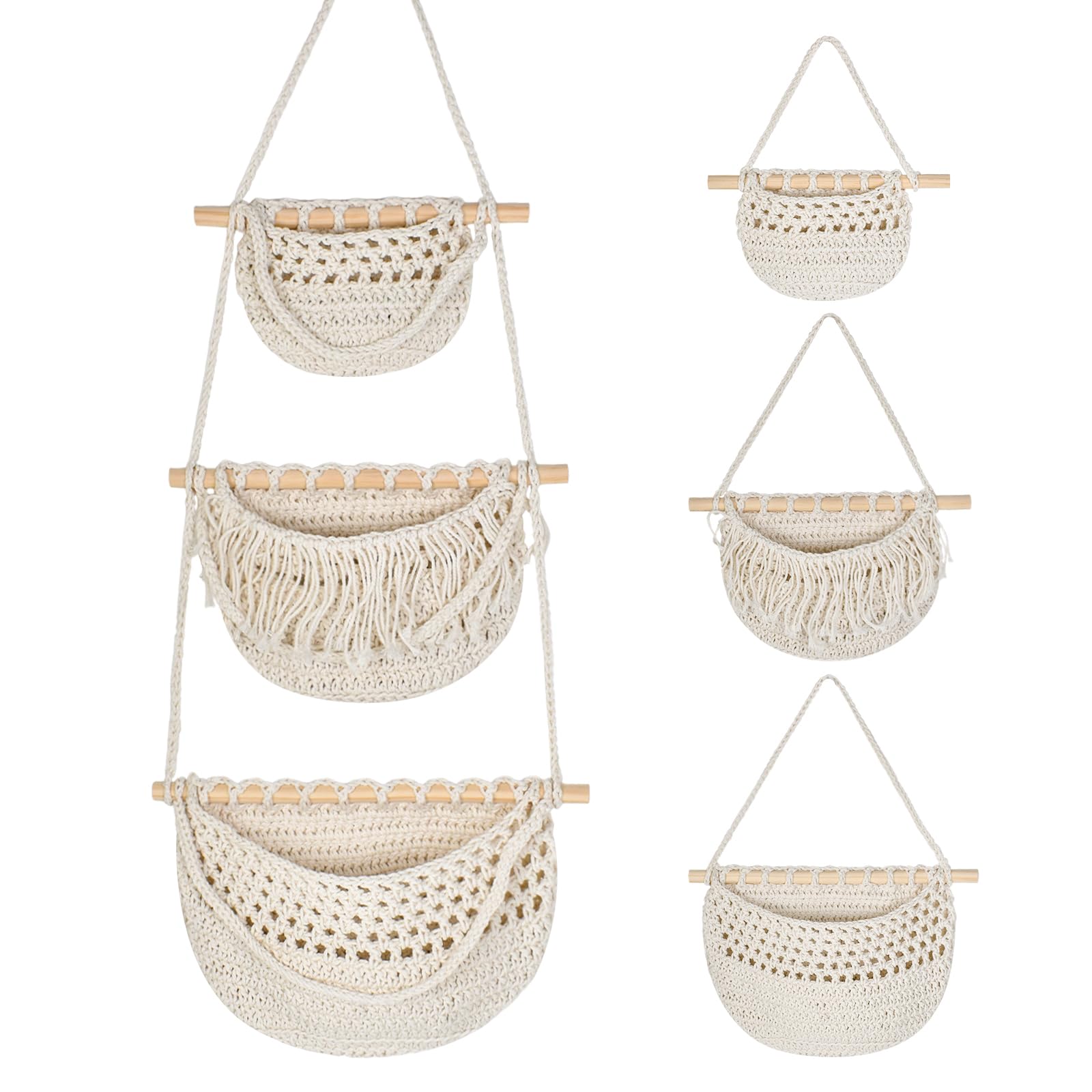 3-Tier Wall Hanging Storage Organizer, Cotton Linen Wall Mount Hanging Bag with Rope, Over Door Hanging Storage Baskets for Bedroom, Bathroom, Kitchen, Office, Nursery, Beige