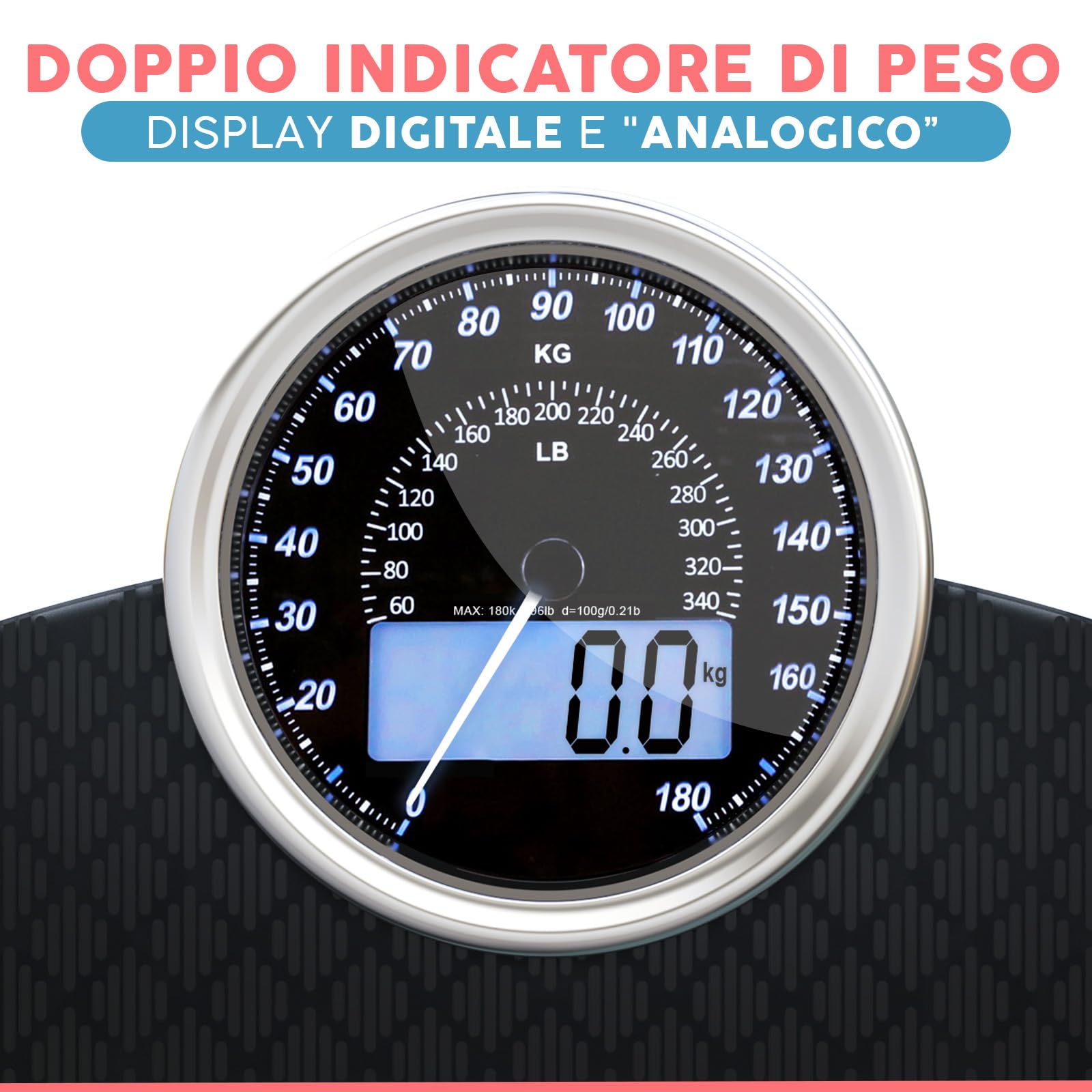 Hybrid Bilancia Pesapersone - Analogica & Digitale, Precisa fino a 180 kg | Leggete il peso su quadrante analogico e LCD insieme. Piattaforma larga, 3 batterie AAA incluse, pronta all'uso.