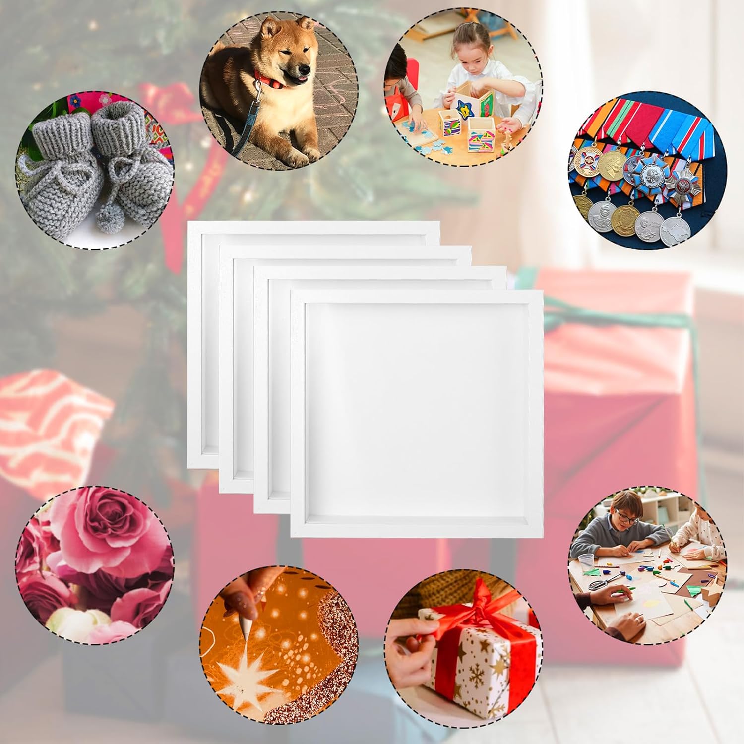 4 Pack Shadow Box Frames, 8 x 8 Inches Square Artificial Board Shadow Boxes Display Case, White 3D Picture Frames for Photos, Dried Flowers, Wall Mounted Handicraft Photo Frame