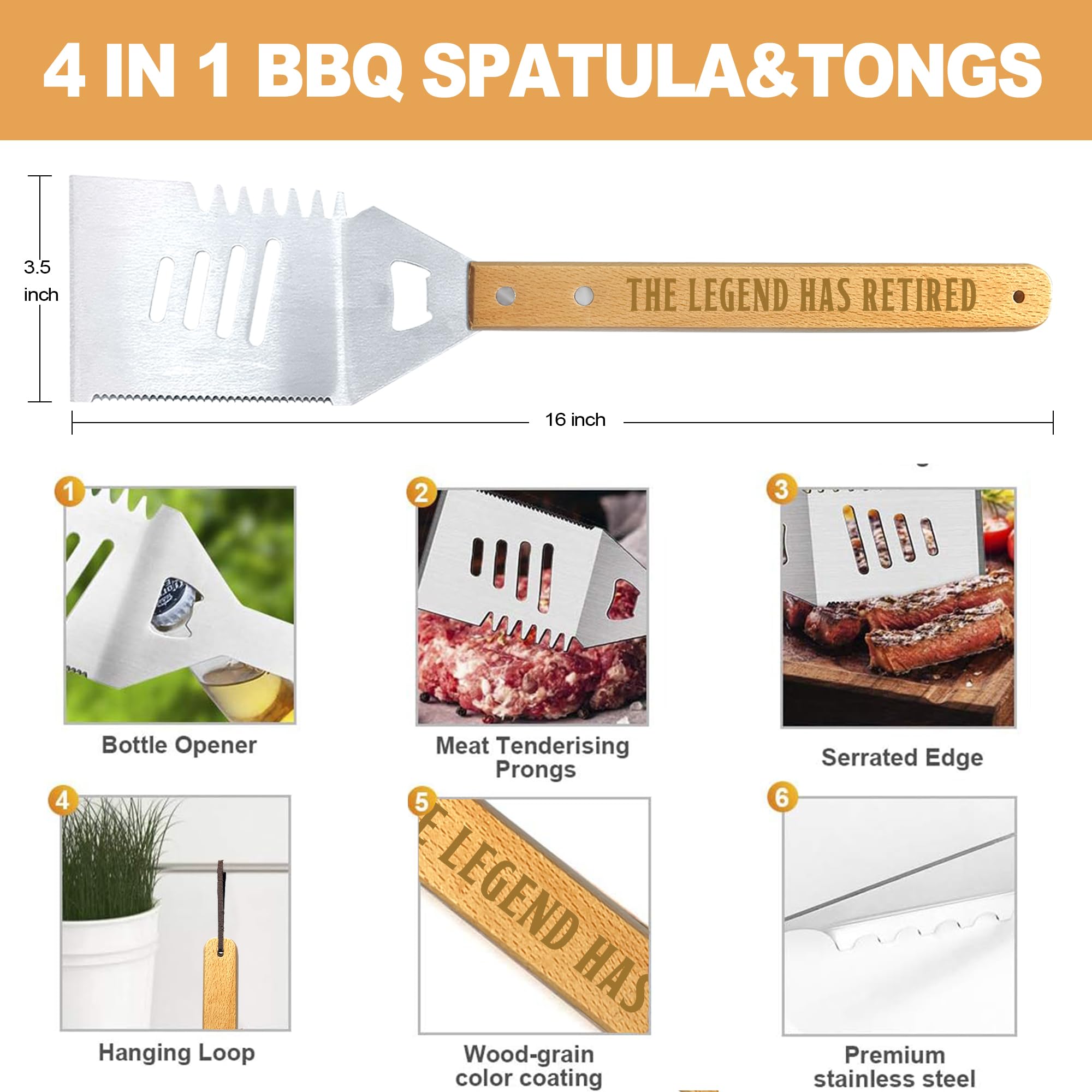 Retirement Gifts for Men, Retired Gift for Dad, Grandpa, Coworker, Retirees Heavy Duty Wooden BBQ Grill Accessories Kit, Thick Stainless Steel Grill Utensil with Non-Slip Handle Tools in Portable Box