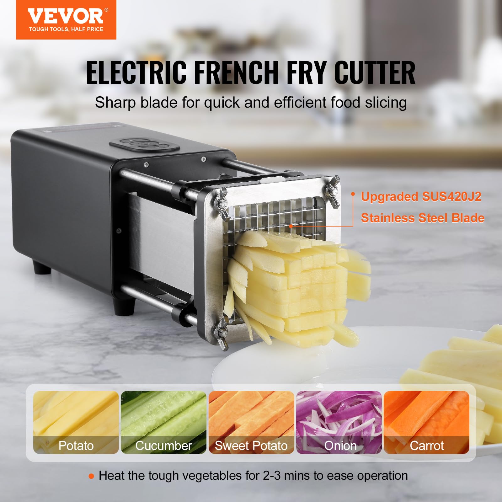 VEVOR Coupe-Frites Électrique, Coupe-Légumes Multifonction avec Lame en Acier Inoxydable de 12,7 mm et 9,5 mm, Trancheuse de Pommes de Terre avec Pieds Antidérapants, pour Concombres, Carottes