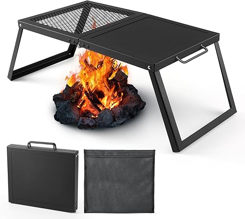 Odoland Parrilla plegable para fogata, rejilla de malla de acero resistente con patas plegables y bolsa de almacenamiento, rejillas de camping
