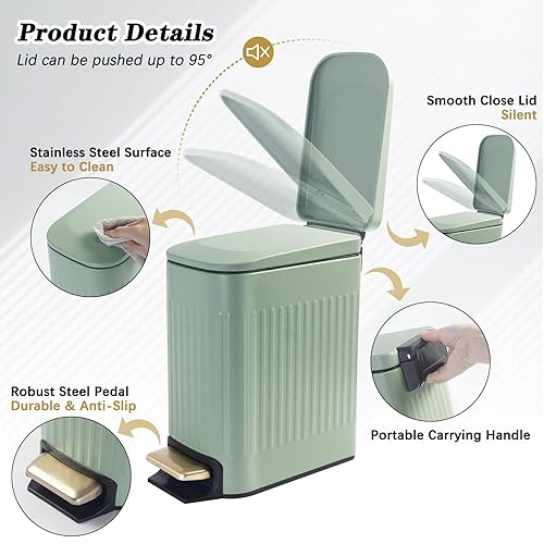 Miniatura 3 de Cubo de basura pequeño y estrecho con tapa para baño, papelera de acero inoxidable de 1.6 galones con tapa de cierre suave, cubo de basura delgado