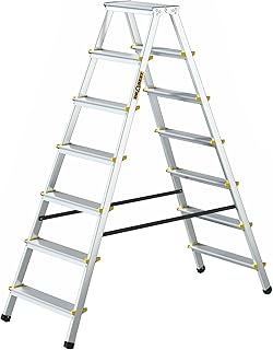 DRABEST Klapptritt Alu Leiter Klappbar Beidseitig 2x7 Stufen Trittleiter bis 150 kg Belastbar Haushaltsleiter