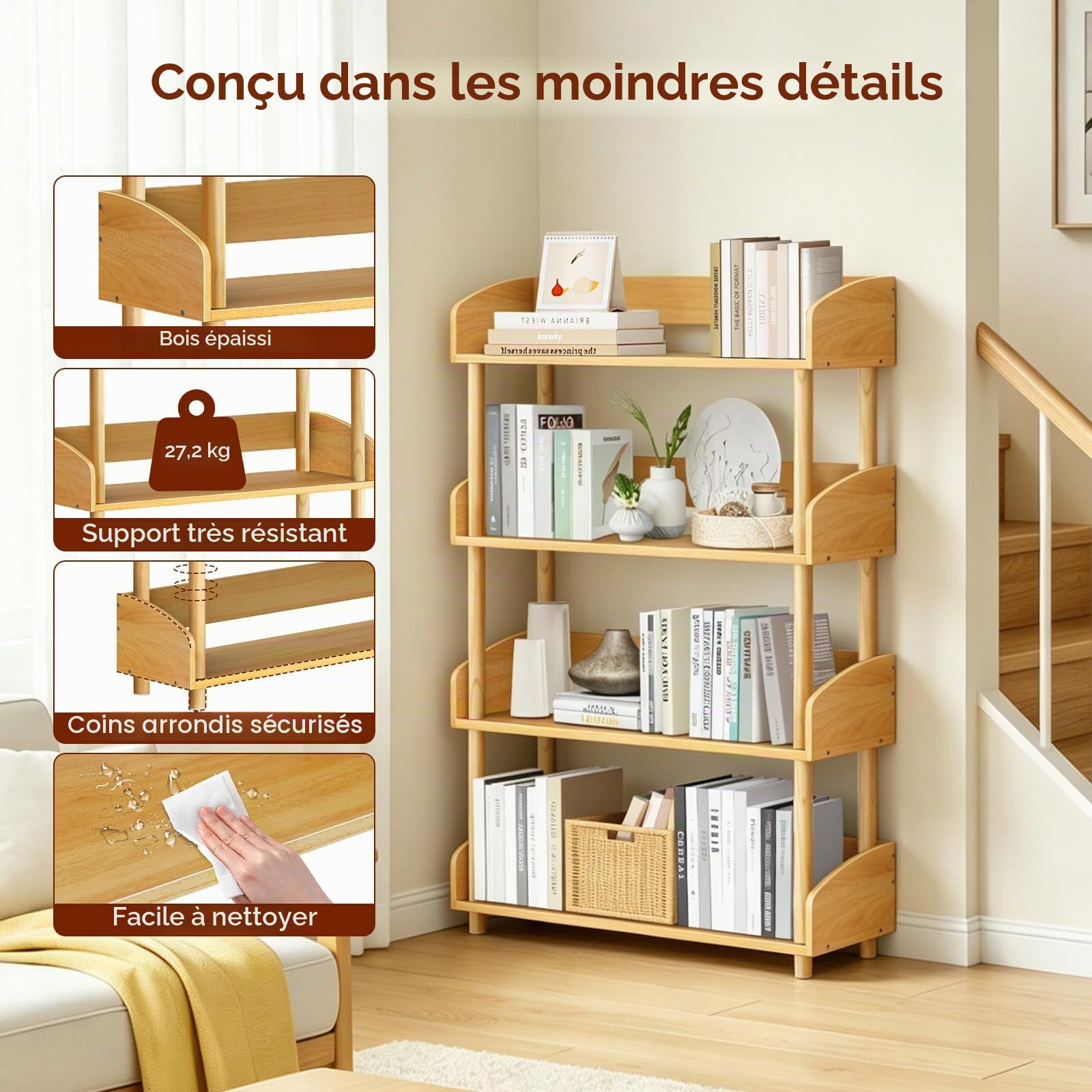 Étagère Bibliothèque 4 Niveaux, Étagère Ouverte Verticale, Meuble de Rangement Autoportant en Bois Massif pour Salon, Chambre et Chambre d’Enfant, Bois Naturel